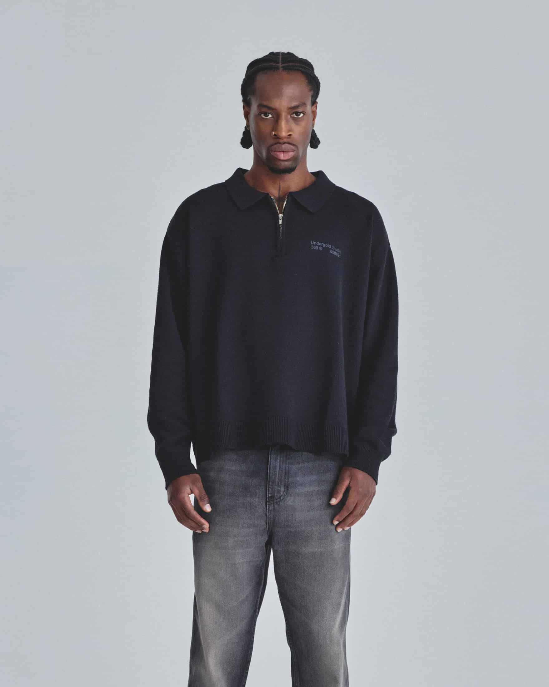 Line Knit Zip Up Long Sleeve Polo Shirt Black - miniatura 2