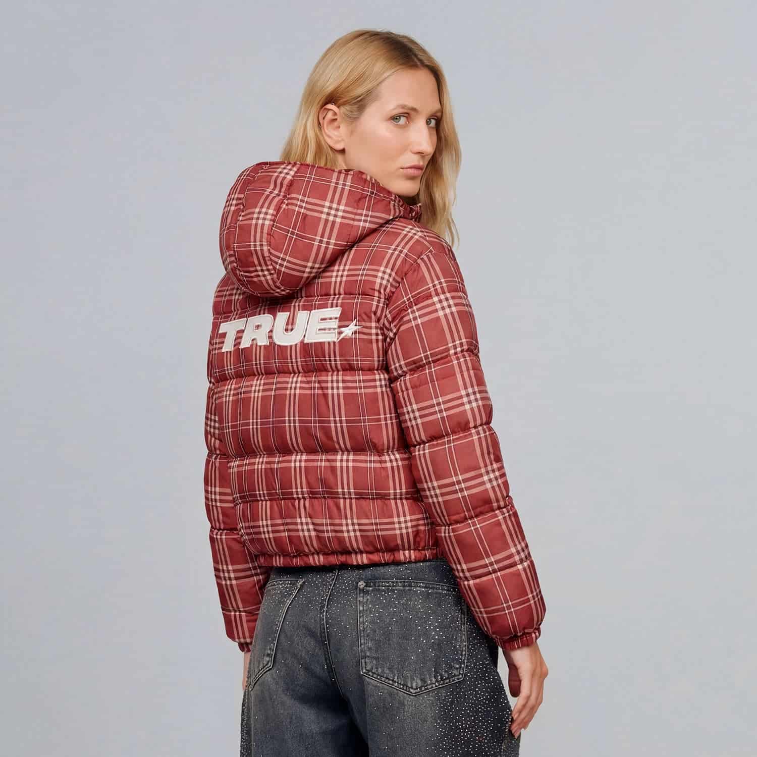 Intuition Plaid Puffer Jacket - Burgundy - miniatura 2