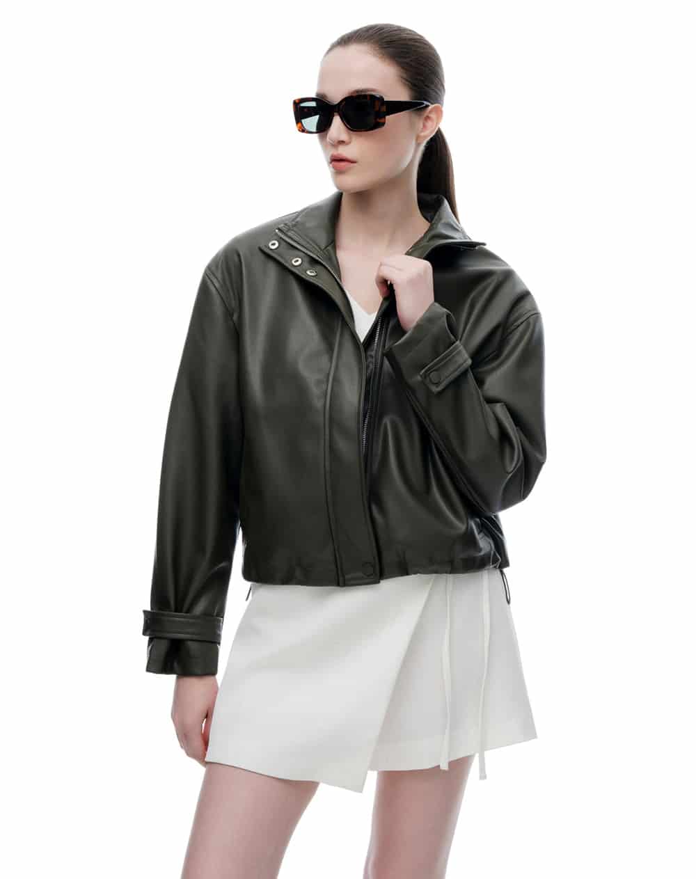 Chaqueta regular tipo cuero verde mujer - miniatura 2