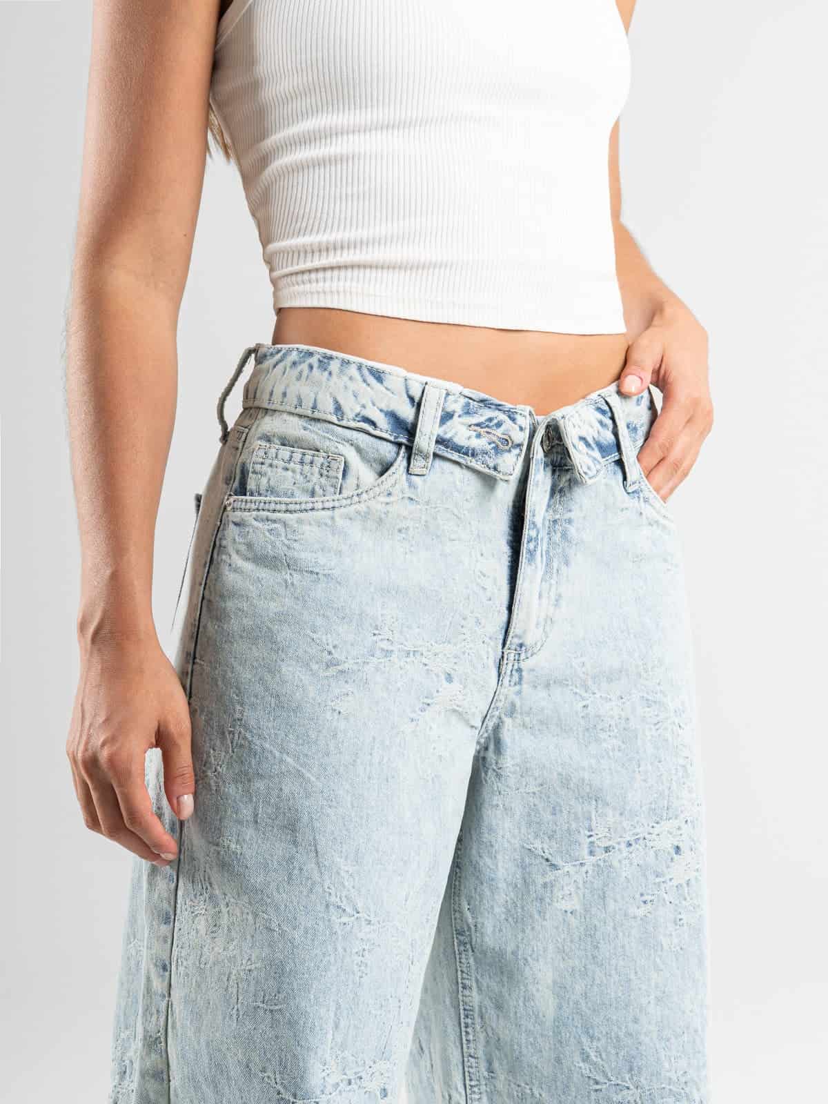Ref: 066532 Jean wide leg, rígido, tiro medio, detalle en pretina, tono azul claro - miniatura 5