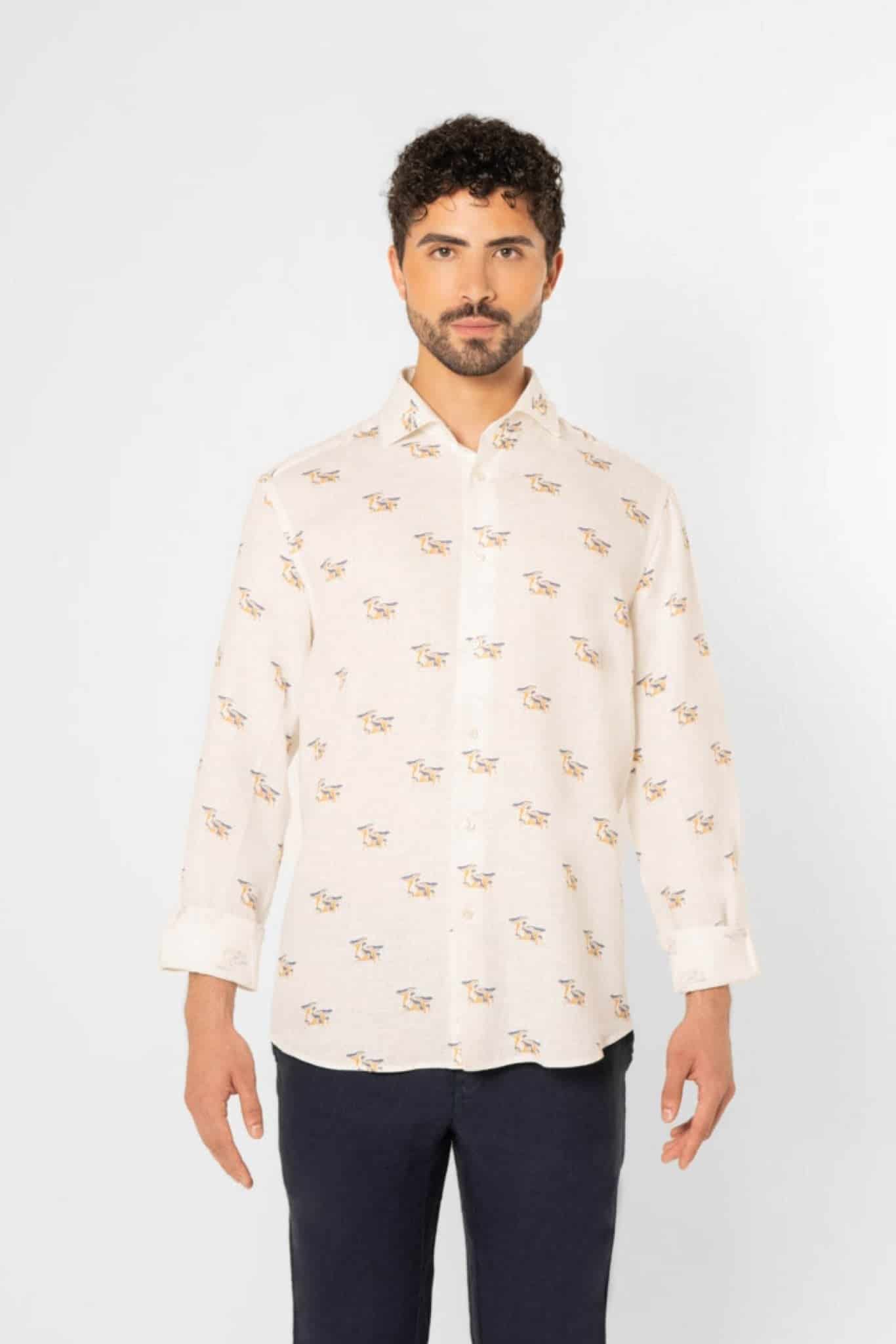 Men's white linen mushroom shirt - miniatura 4