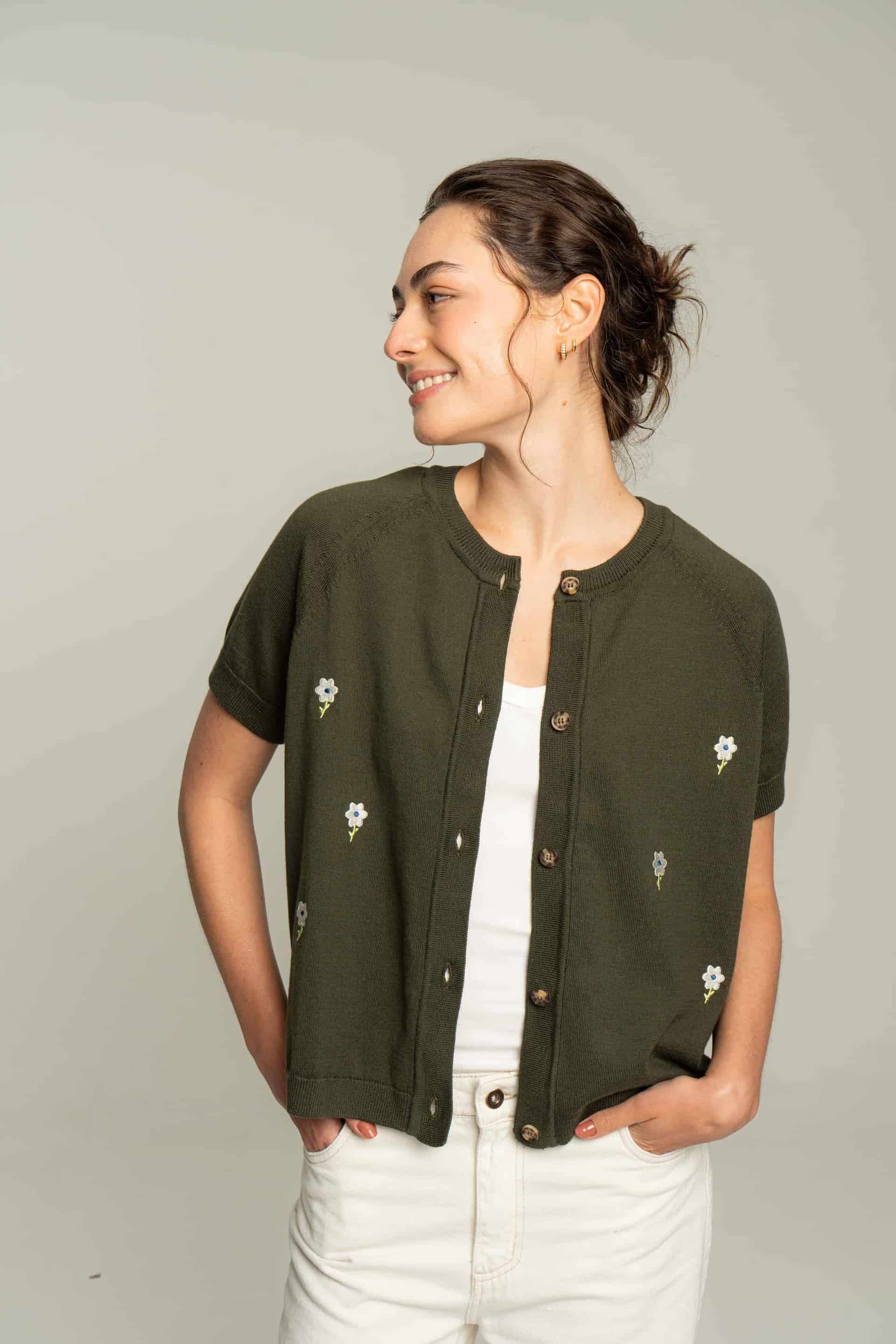 Cardigan corto flores bordadas - verde - miniatura 3
