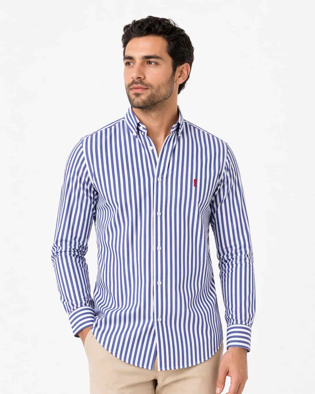 Camisa 100% Algodón Manga Larga Maxi Rayas Azul Oscuro - miniatura 1