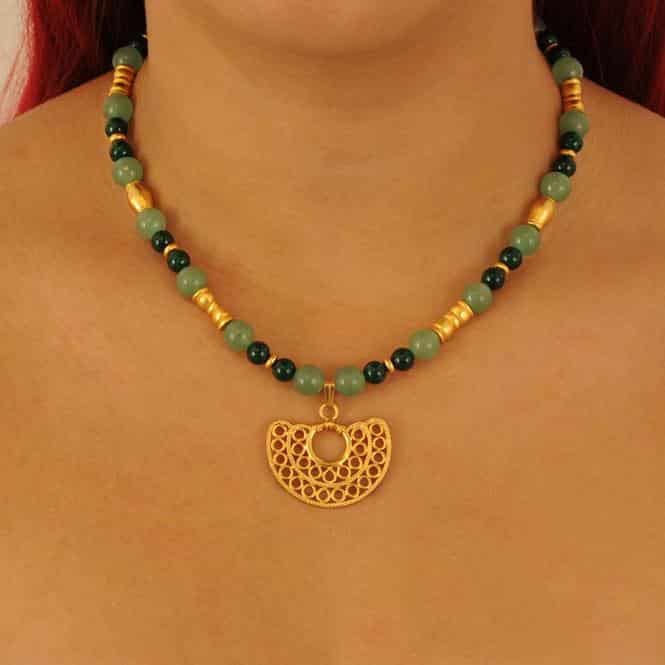 Collar aventurina verde, fossil y dije nariguera filigrana doble Sinú - miniatura 2