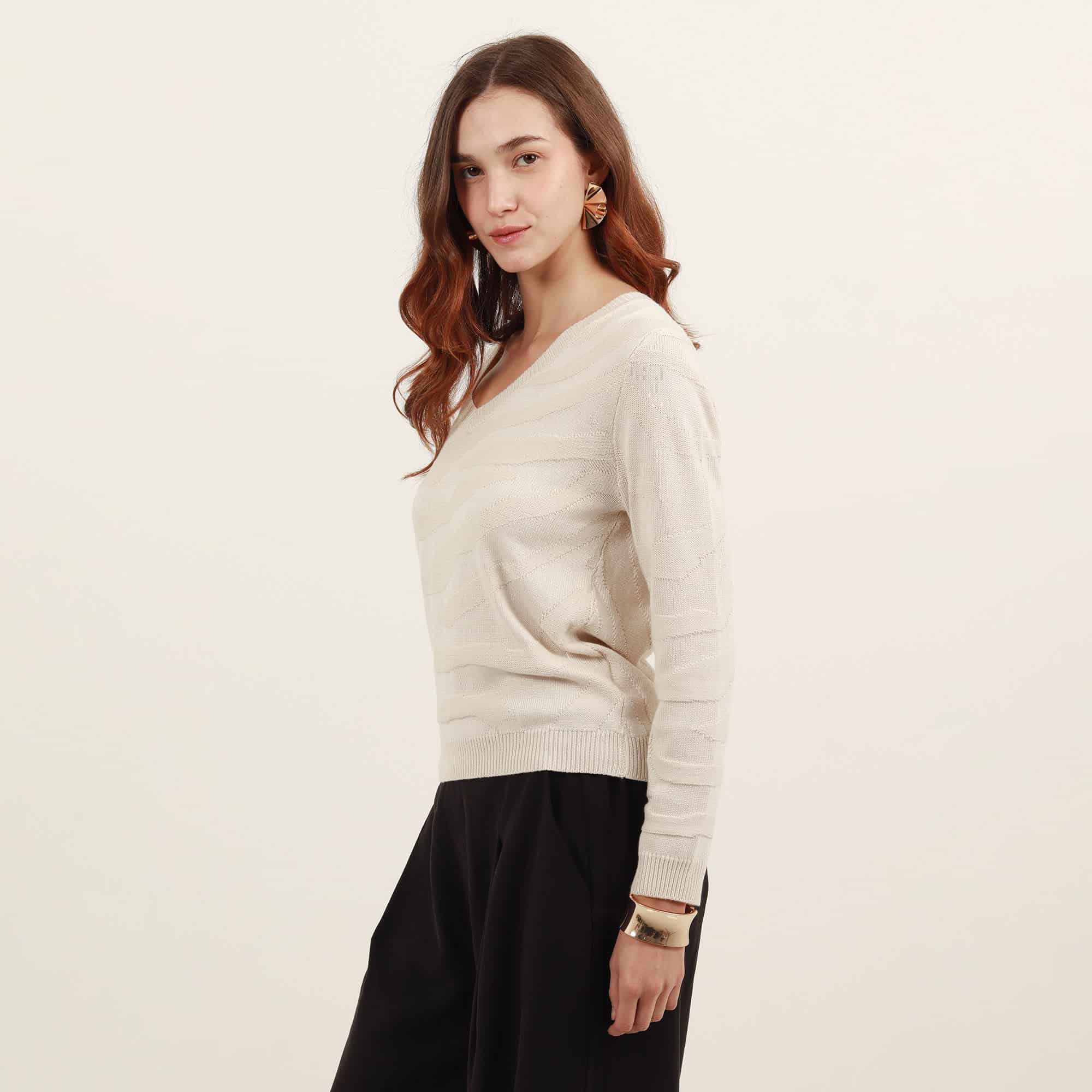 Sweater con textura jacquard cuello en v manga larga - miniatura 3