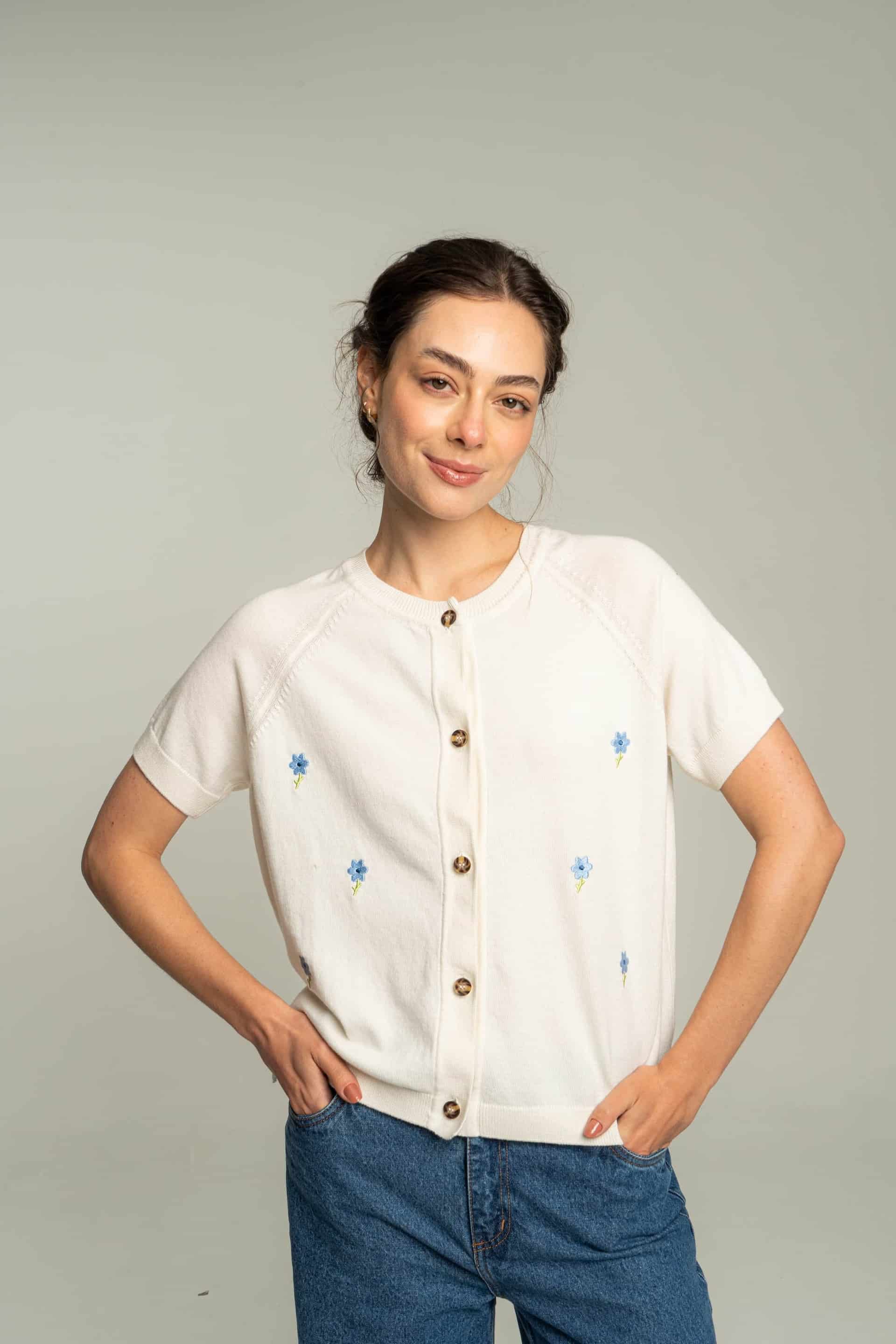 Cardigan corto flores bordadas - crudo - miniatura 1