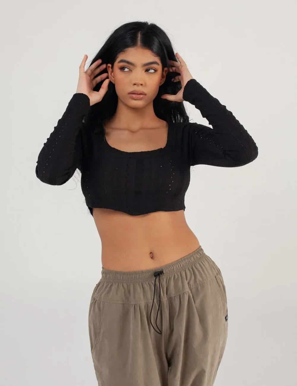 Crop Top manga larga Net negro Mujer - miniatura 7