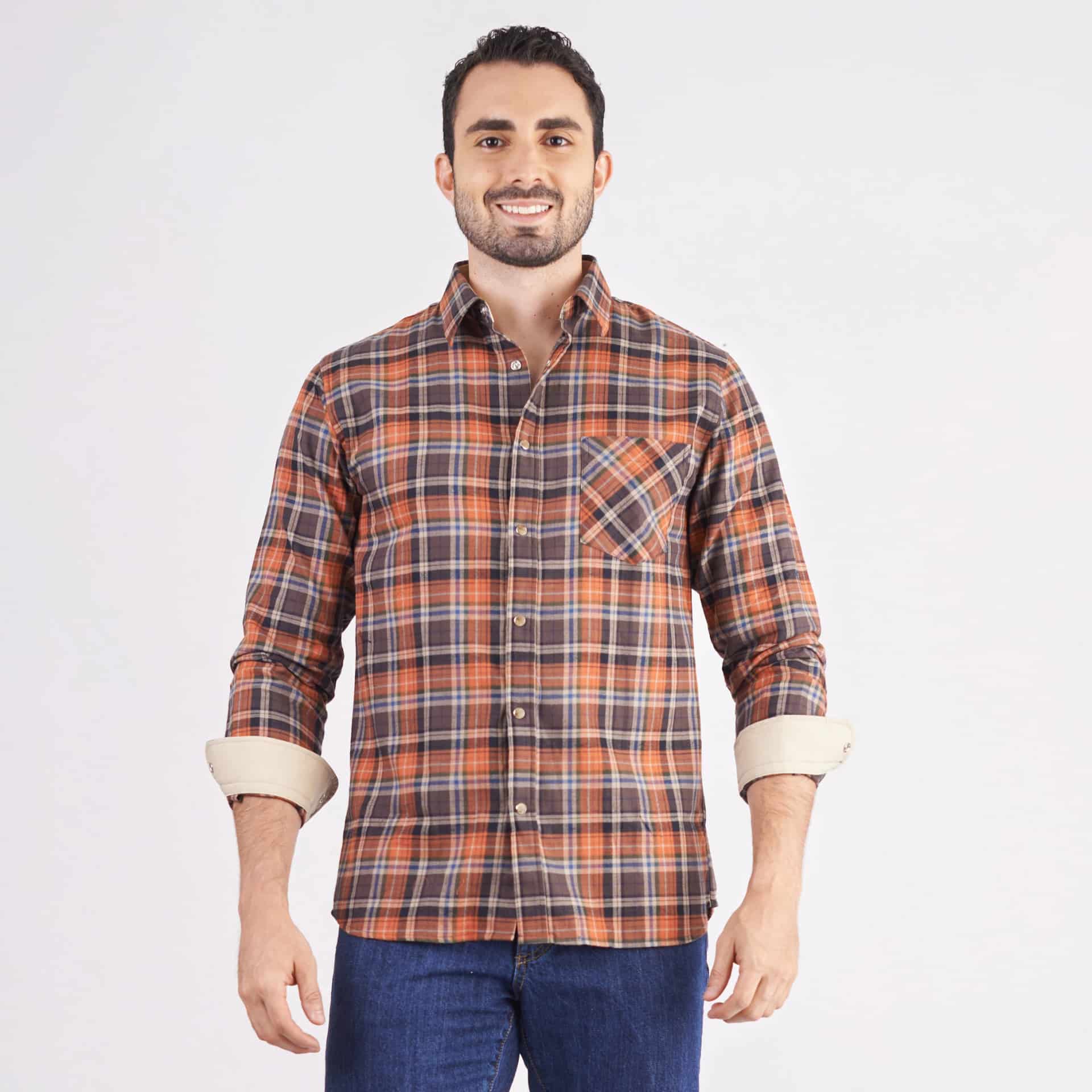 Camisa manga larga a cuadros color café - miniatura 1