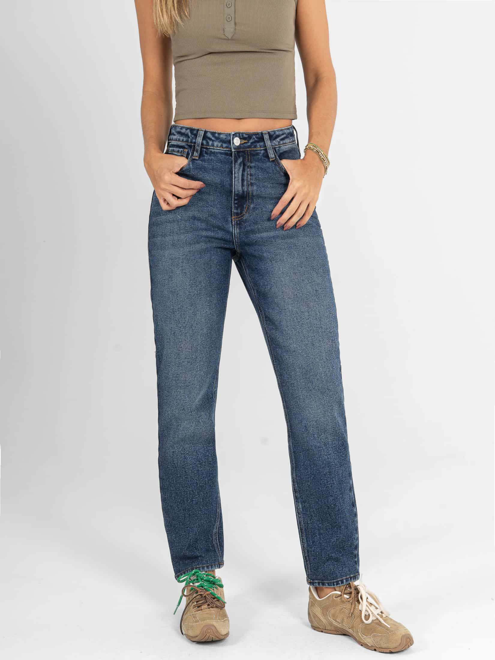 Ref: 066591 Jean Mom fit, slim cropped, stretch, tiro alto, tono azul medio oscuro - miniatura 1