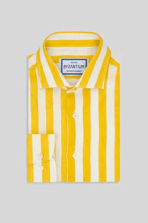Men's linen shirt yellow faded striped - miniatura 6