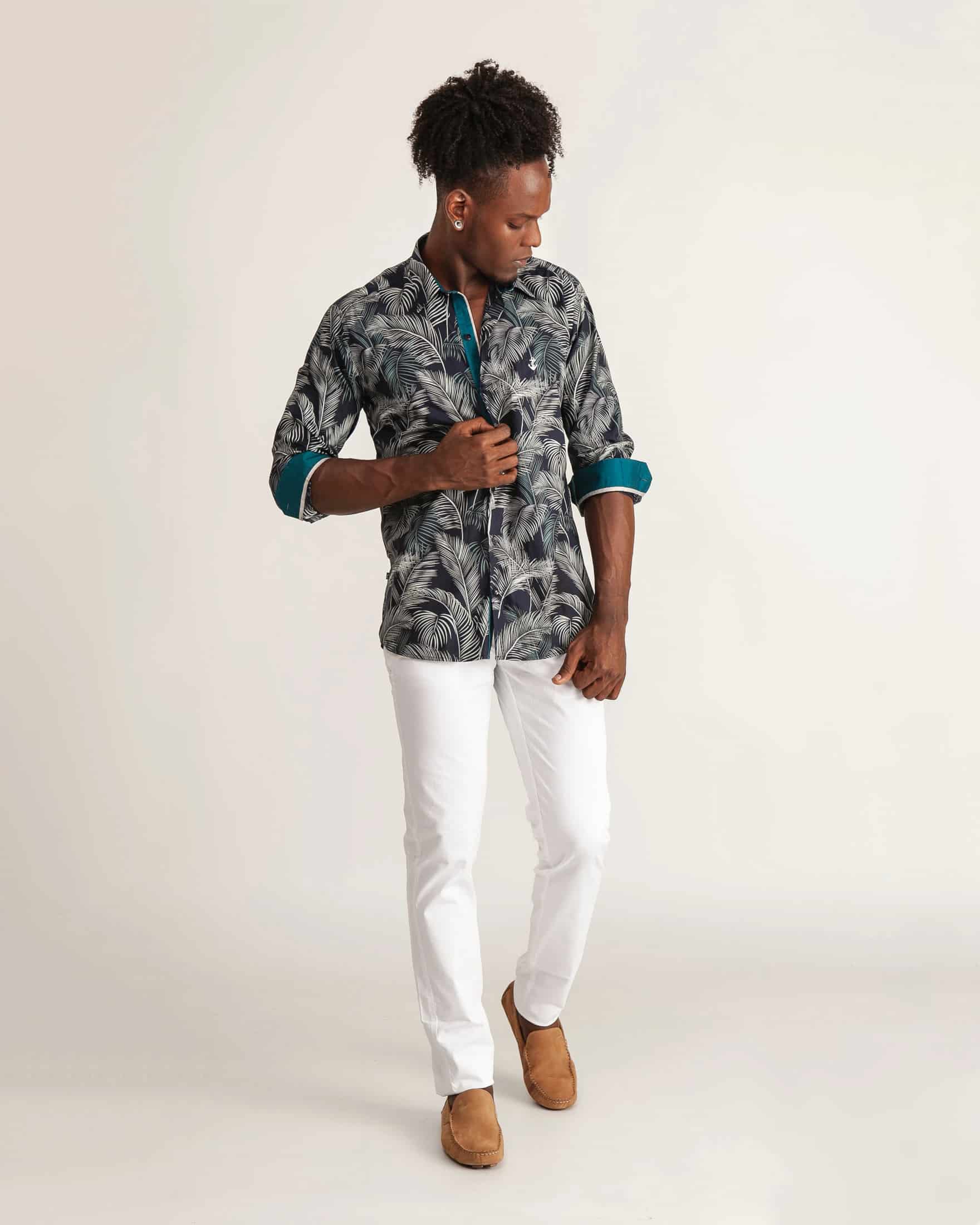 Camisa Navy Palmas Contraste Turquesa - miniatura 1