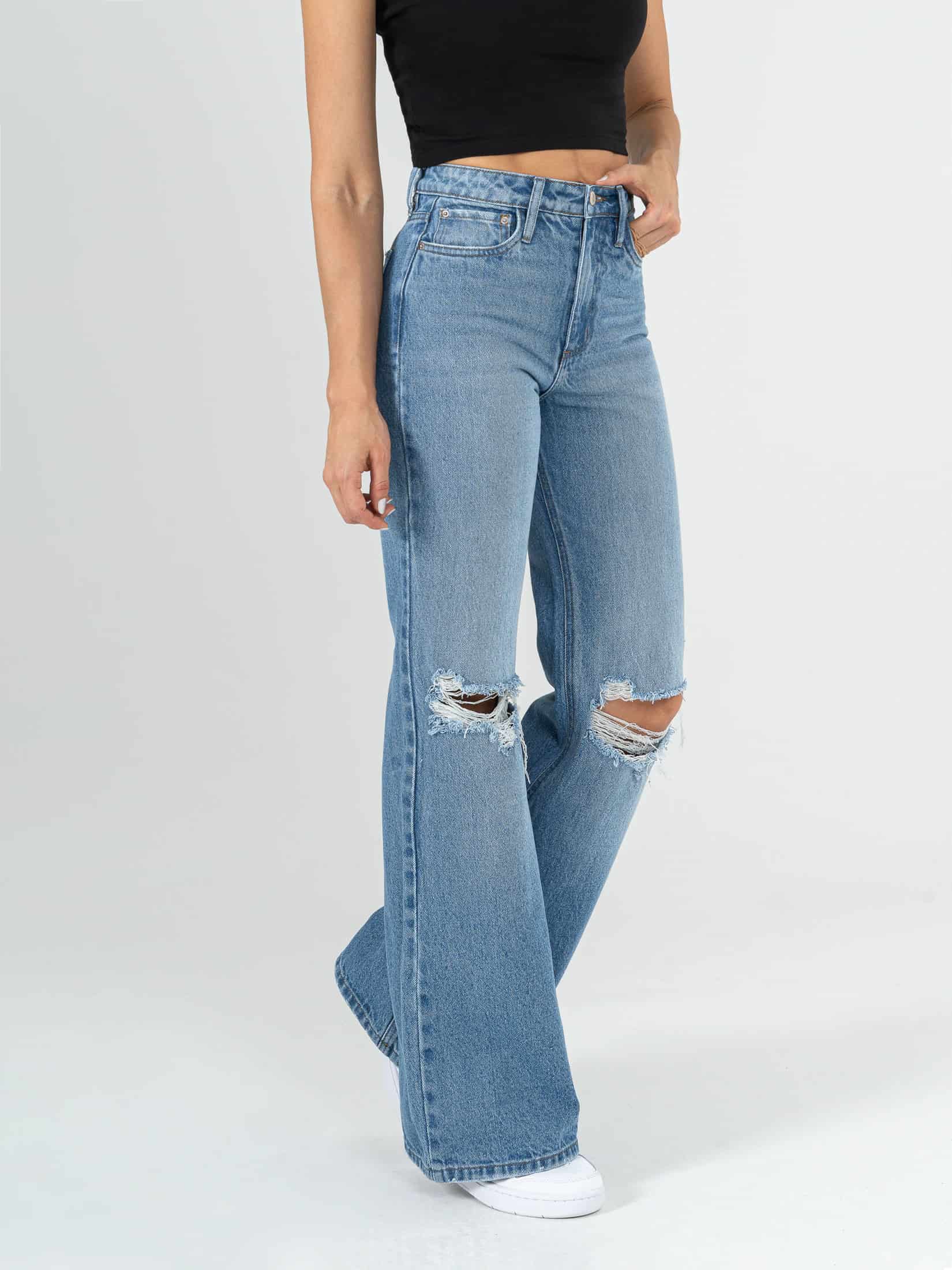 Ref: 064238 Jean Mom Flare, rígido, tiro alto, tono azul medio con rotos, diseño cinco bolsillos - miniatura 2