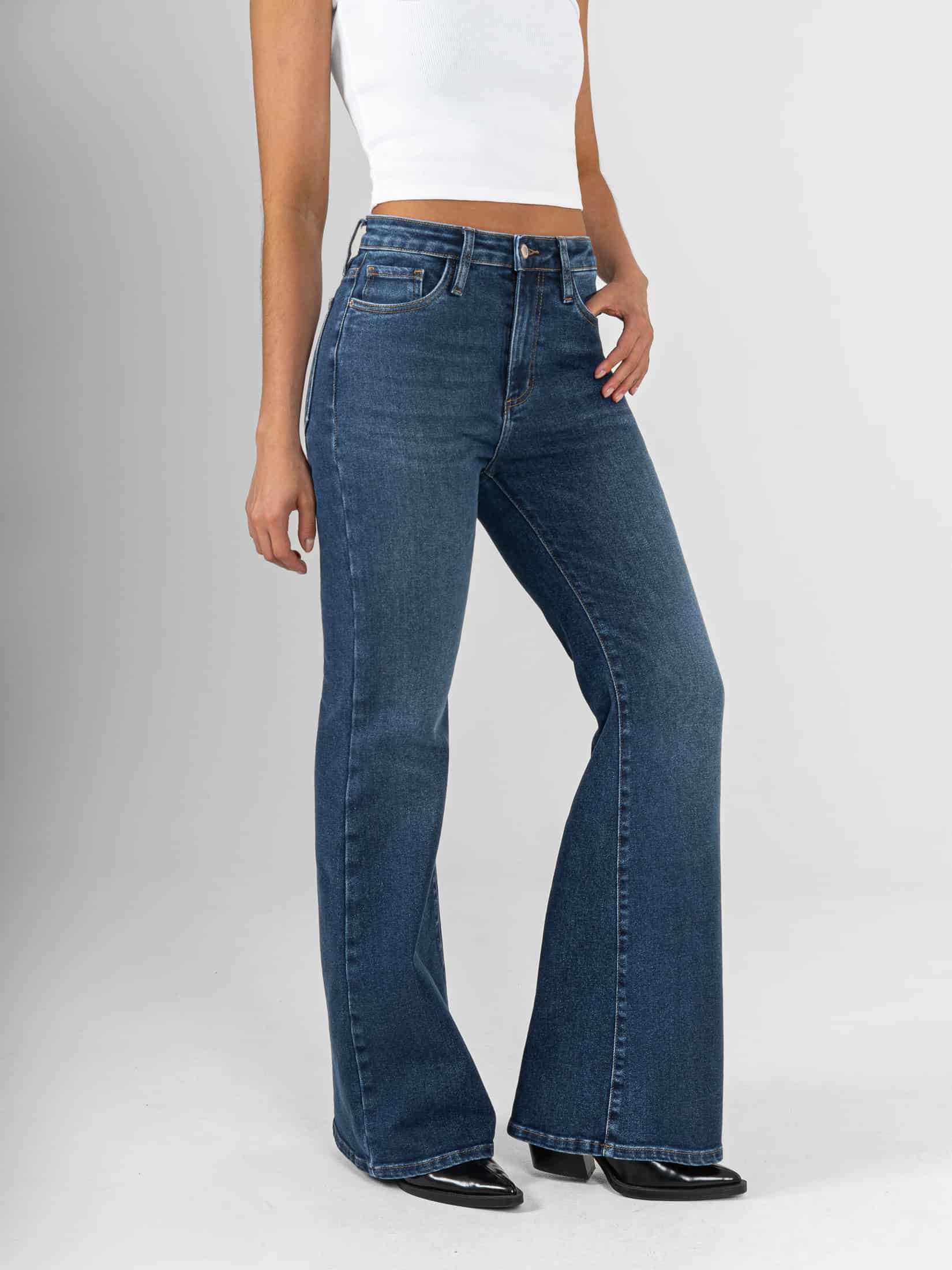 Ref: 066435 Jean flare stretch, bota ancha, tiro alto, tono azul oscuro - miniatura 3