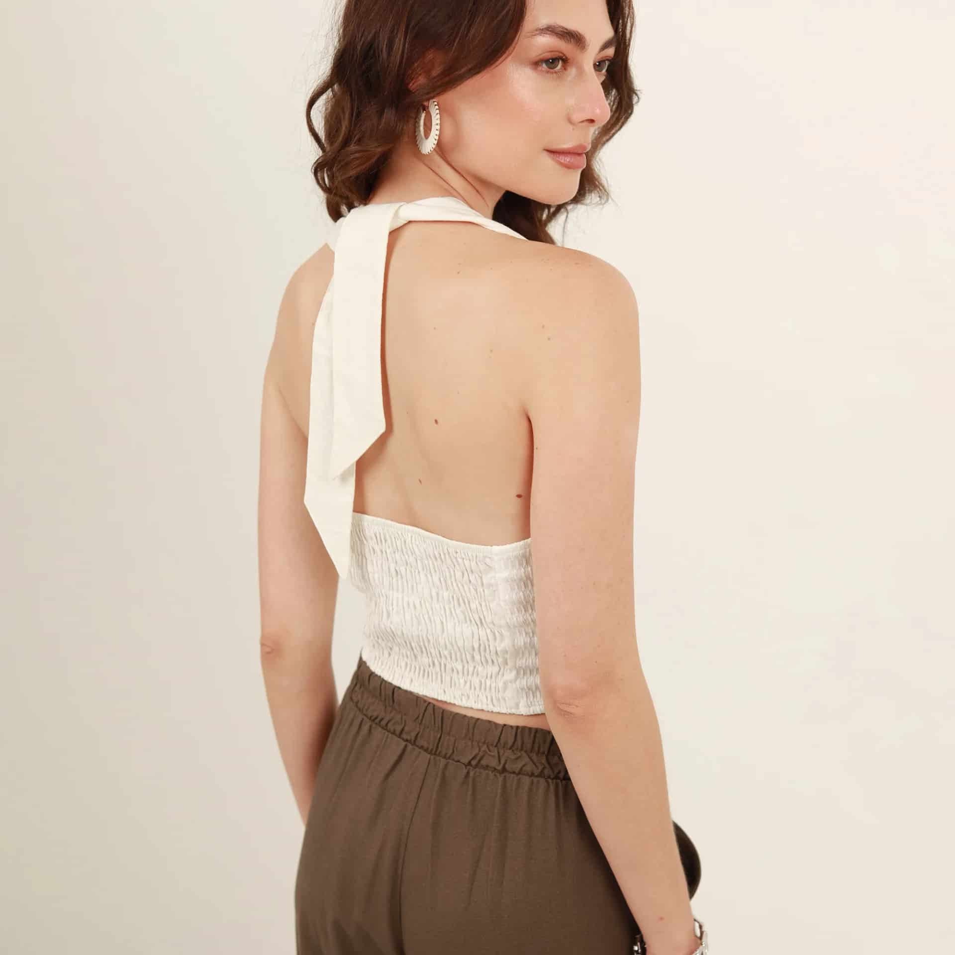 Blusa con lazo en cuello y combinación de tejidos - miniatura 2