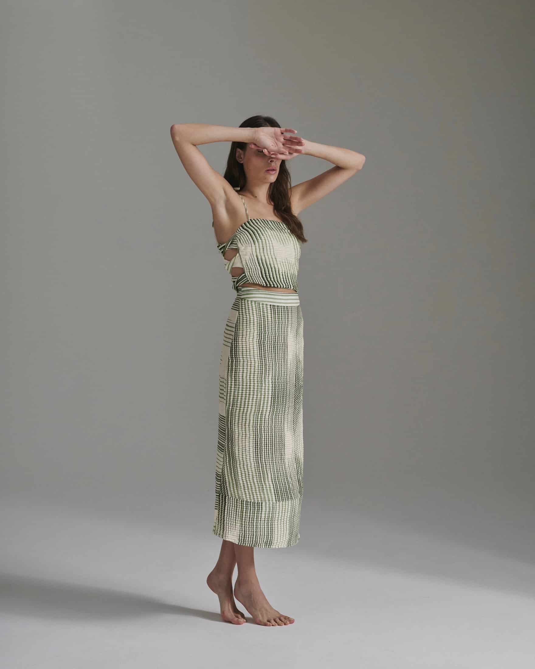 Tejada Pleated Linen Top / Green Stripes - miniatura 2