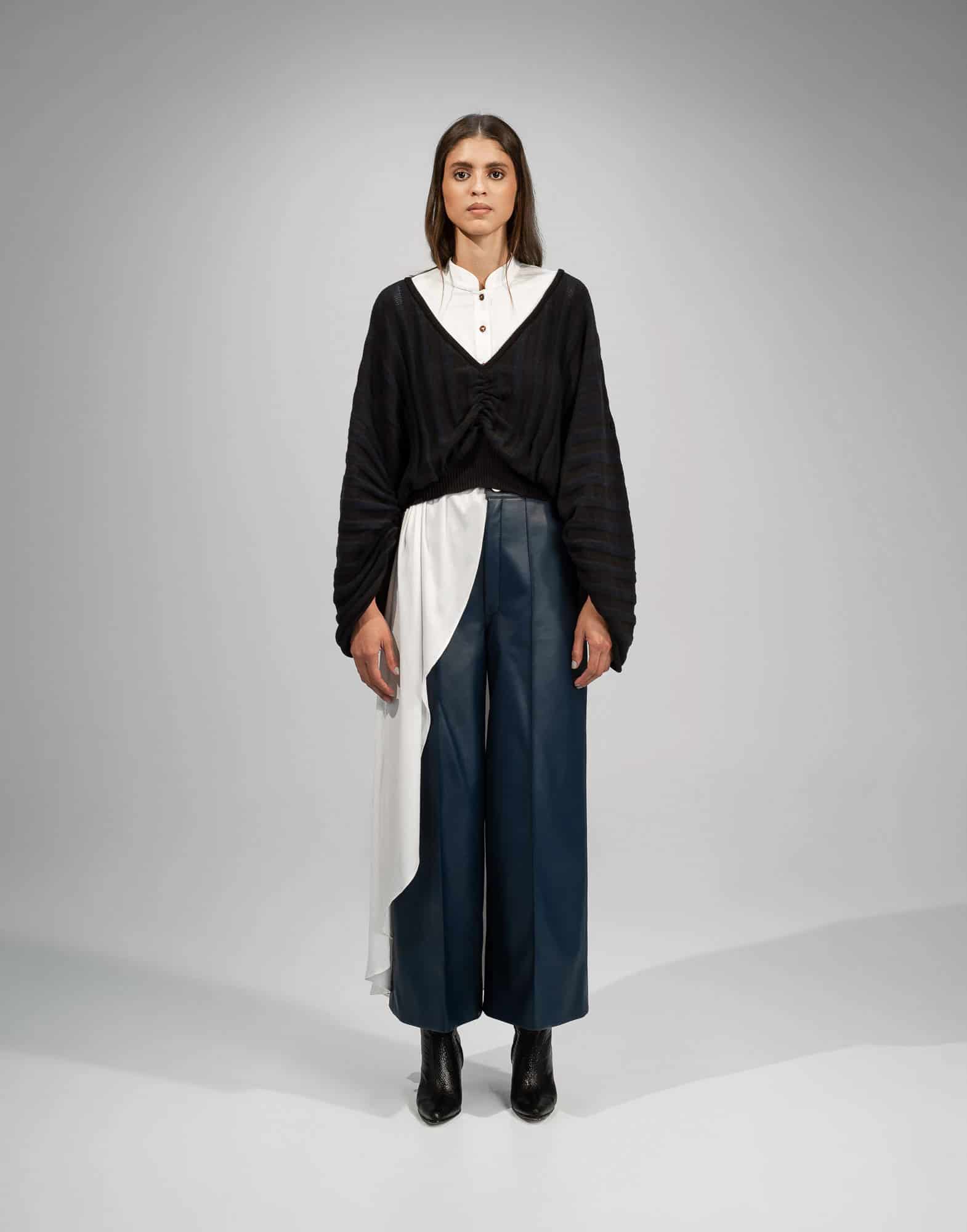 TWO TONE KNITTED RIBBED SWEATER - miniatura 2