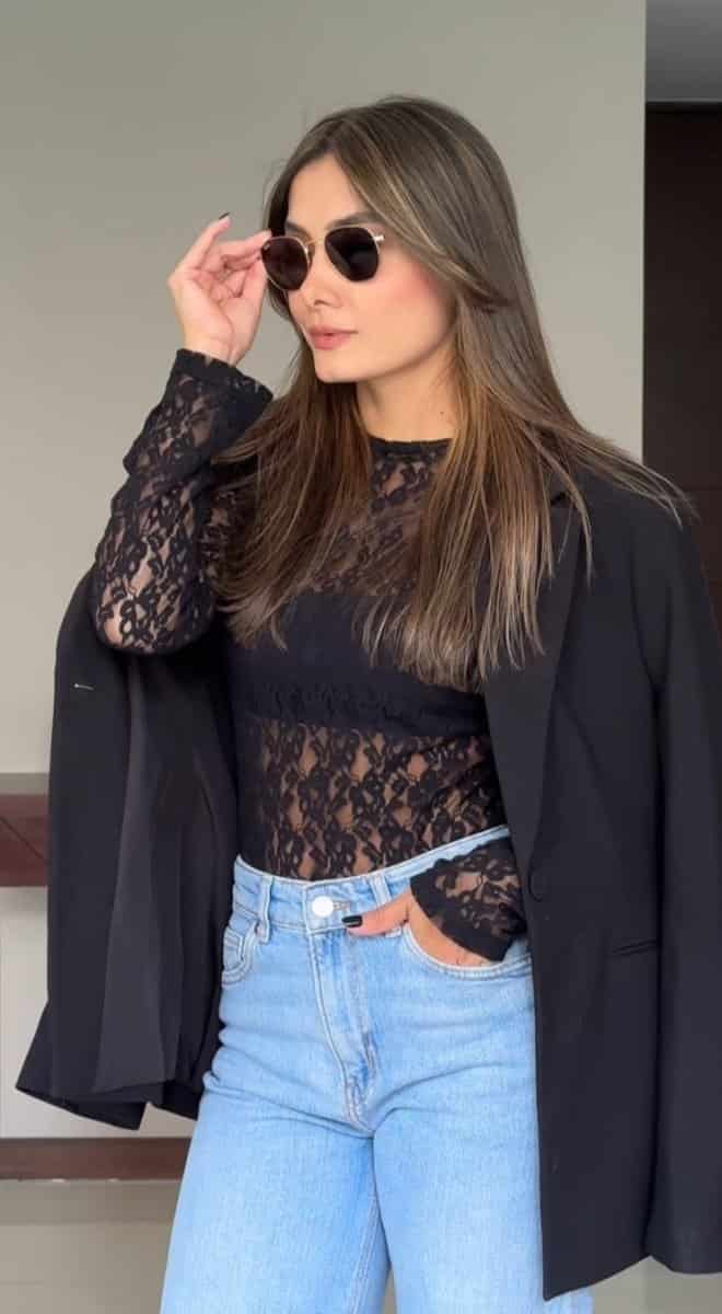 Top en Encaje Lace - Negro - miniatura 1