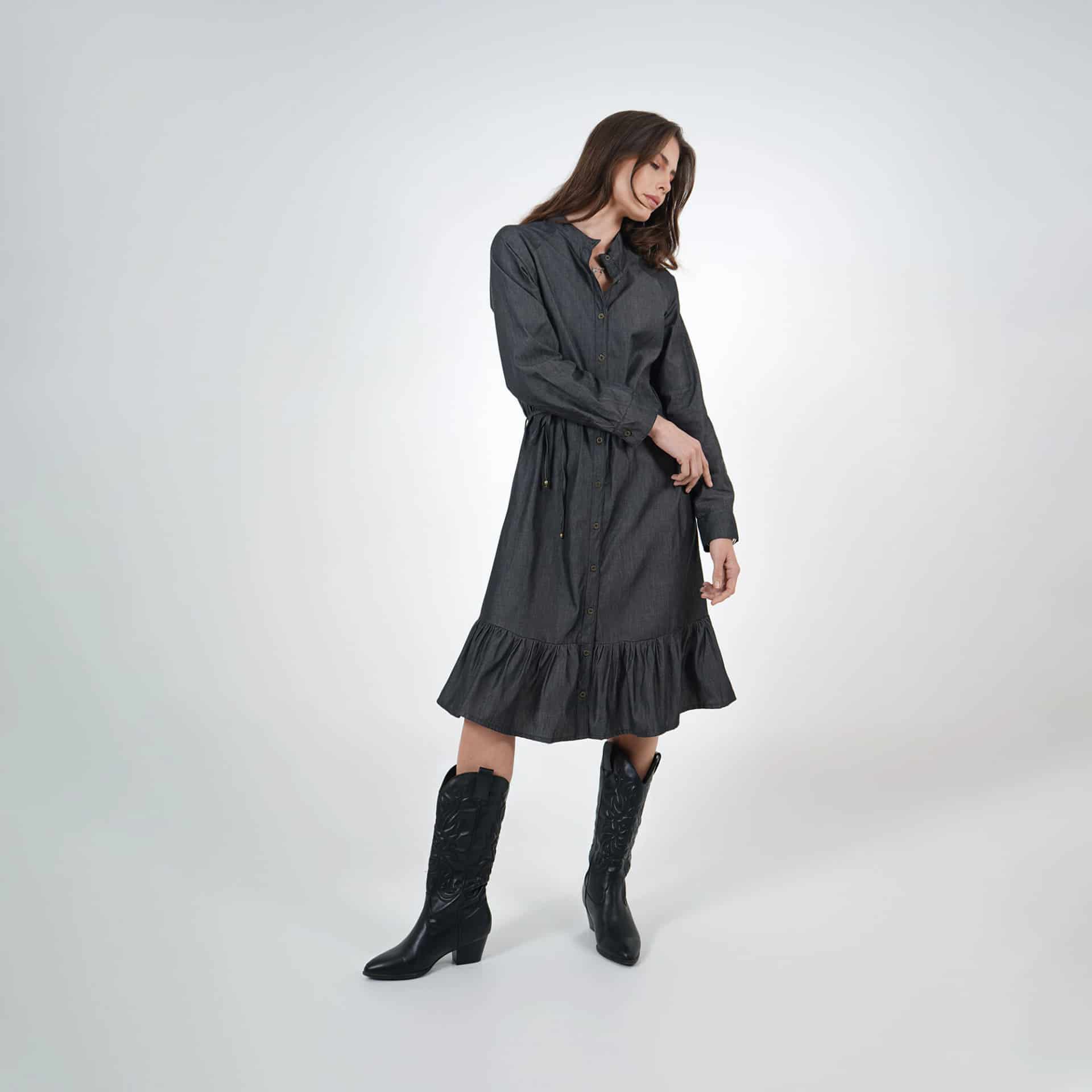 Vestidi midi camisero en denim con lazo - miniatura 8
