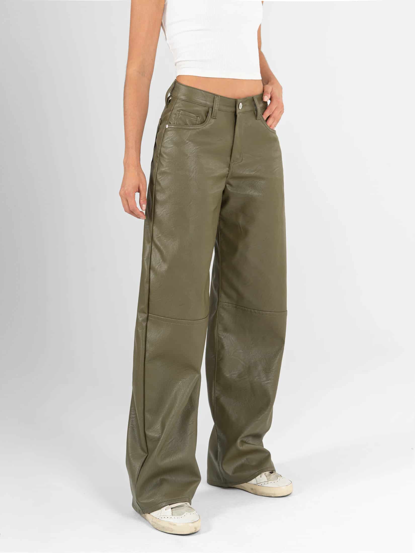 Ref: 0620597 Pantalón wide leg, rígido, tiro alto, efecto cuero, con corte, tono verde - miniatura 2