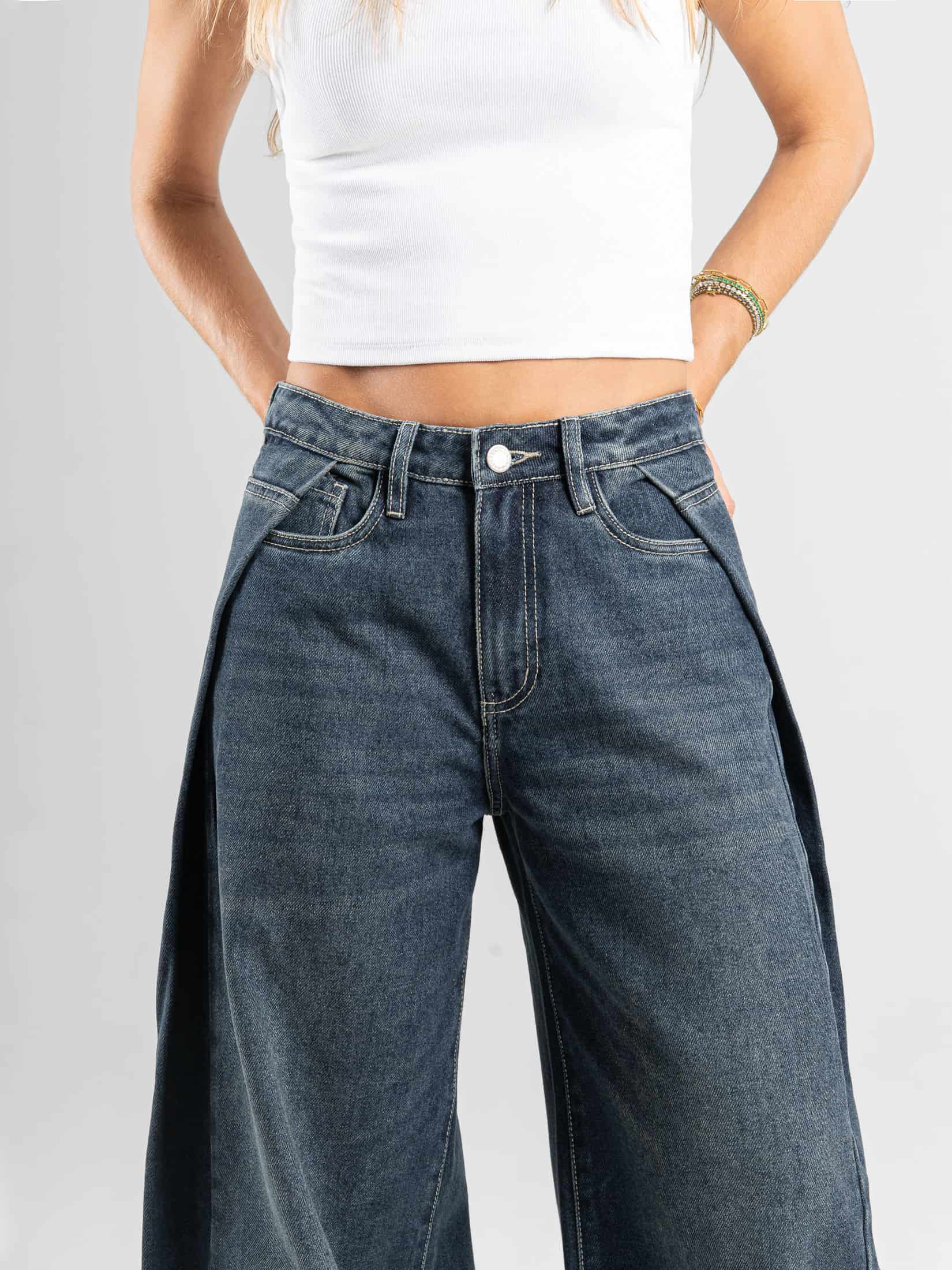 Ref: 066614 Jean wide leg , rígido, tiro medio, detalle de pliegue en costado, tono azul medio - miniatura 2