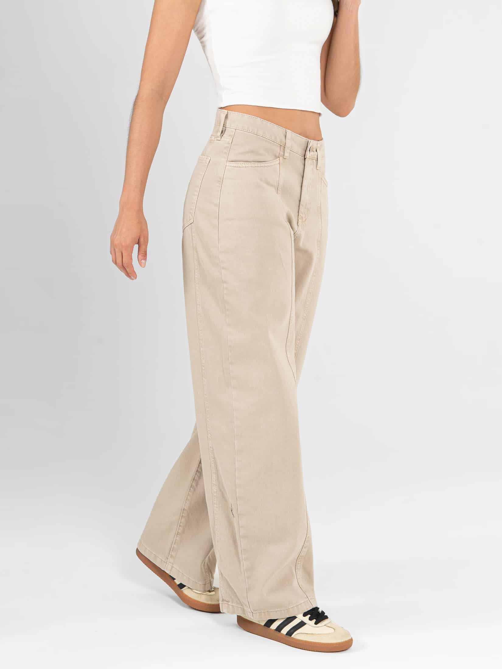 Ref: 0620451 Pantalón wide leg, rígido, tiro alto, con cortes, tono caqui - miniatura 4