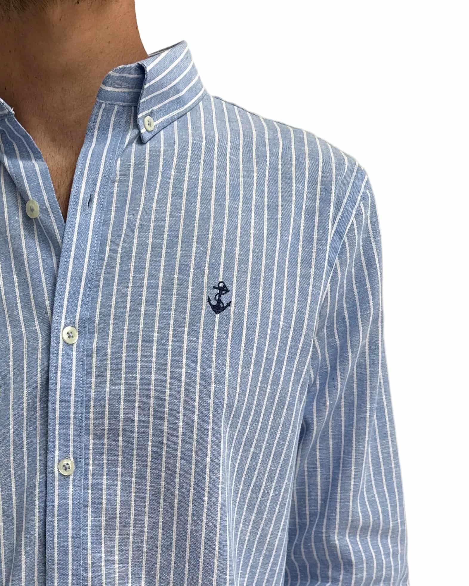 Camisa de Lino Azul Claro y Rayas Blancas - miniatura 4