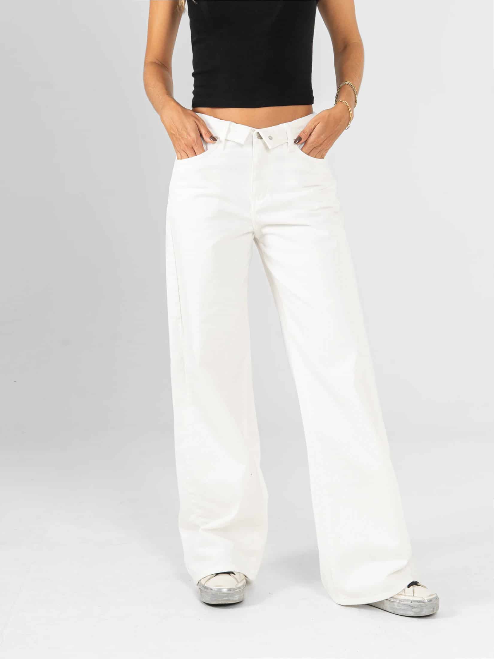 Ref: 0620460 Pantalón wide leg, rígido, tiro medio, detalle en pretina, tono ivory. - miniatura 1