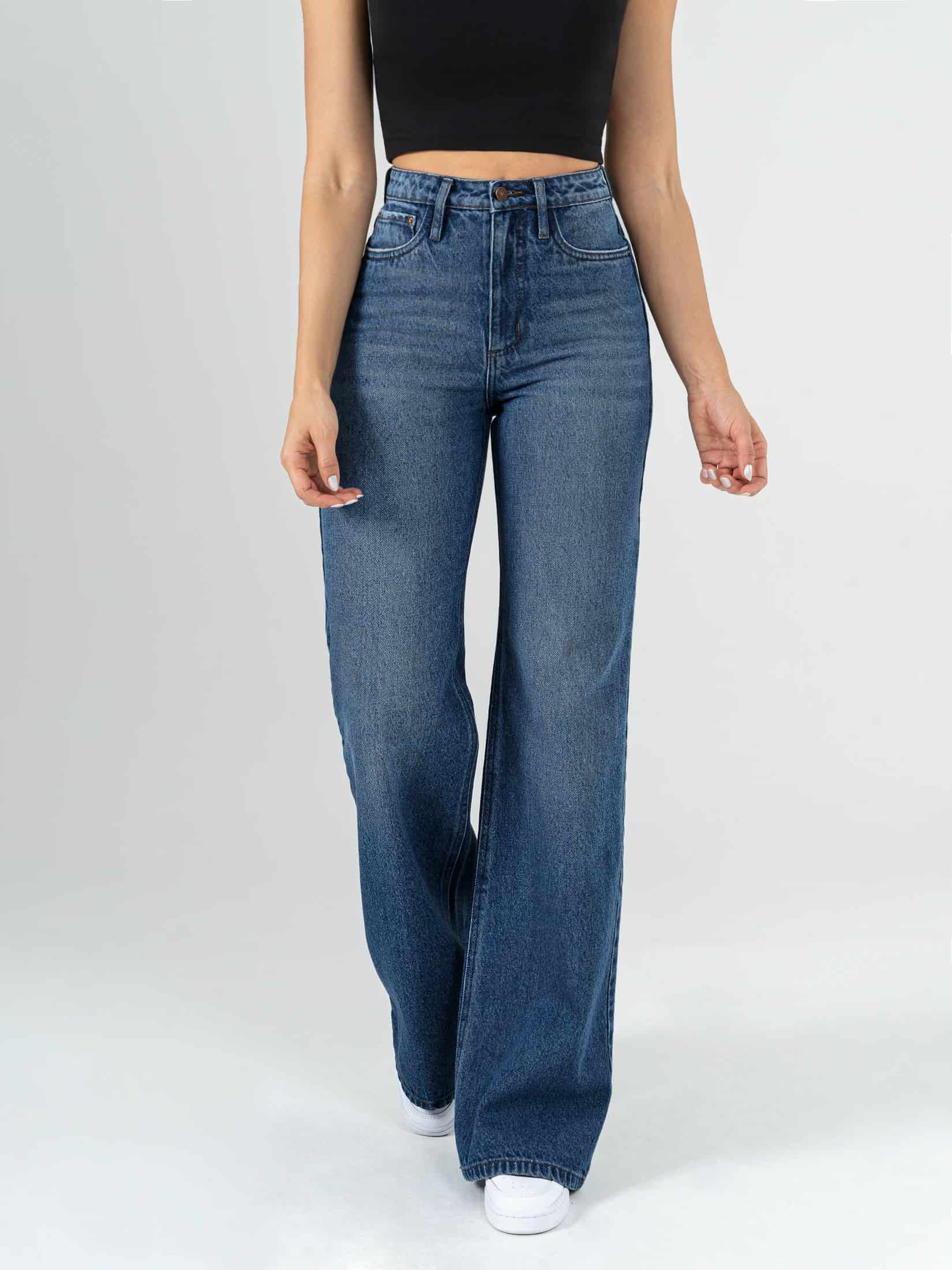 Ref: 064236 Jean Mom Flare, rígido, tiro alto, tono azul medio, diseño cinco bolsillos. - miniatura 1