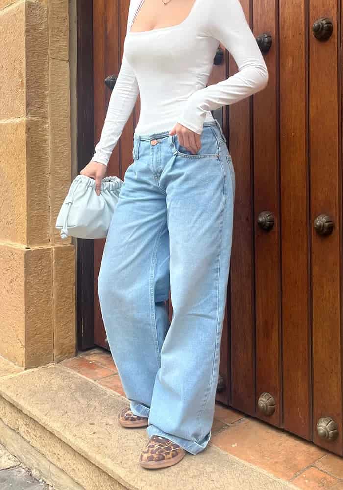 Wide Leg Baggy Tiro Bajo Sin Pretina Azul Claro - miniatura 7