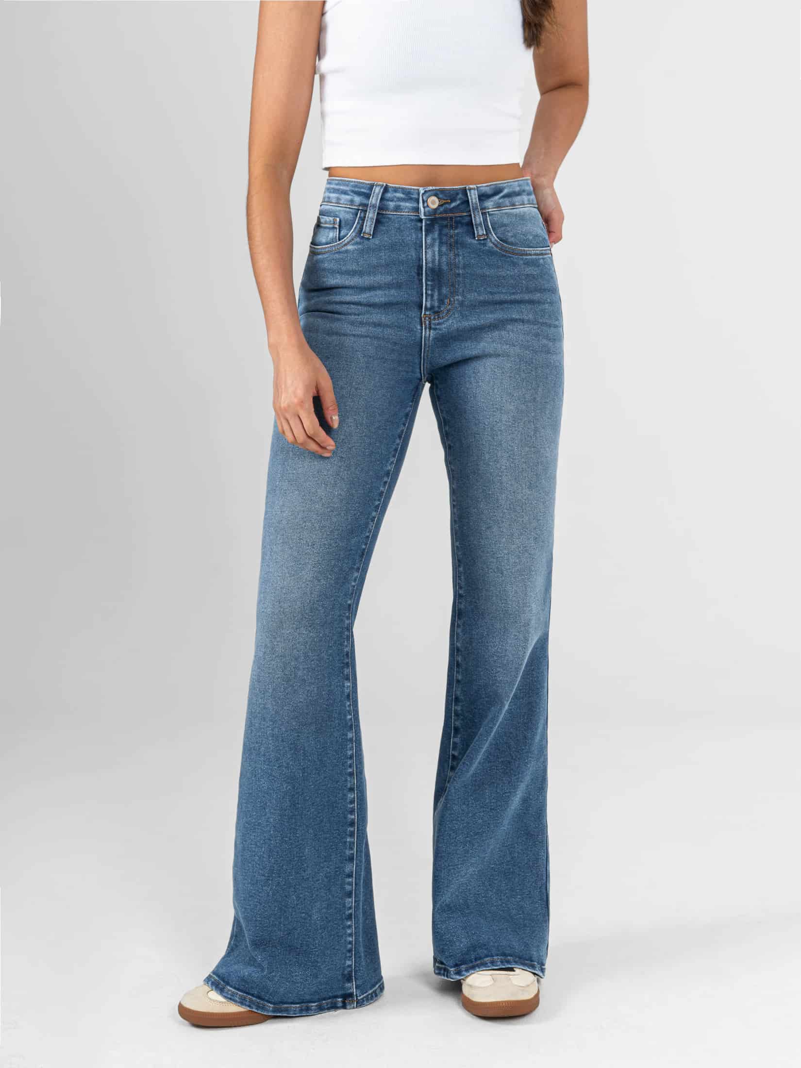 Ref: 066434 Jean flare stretch, bota ancha, tiro alto, tono azul medio - miniatura 1