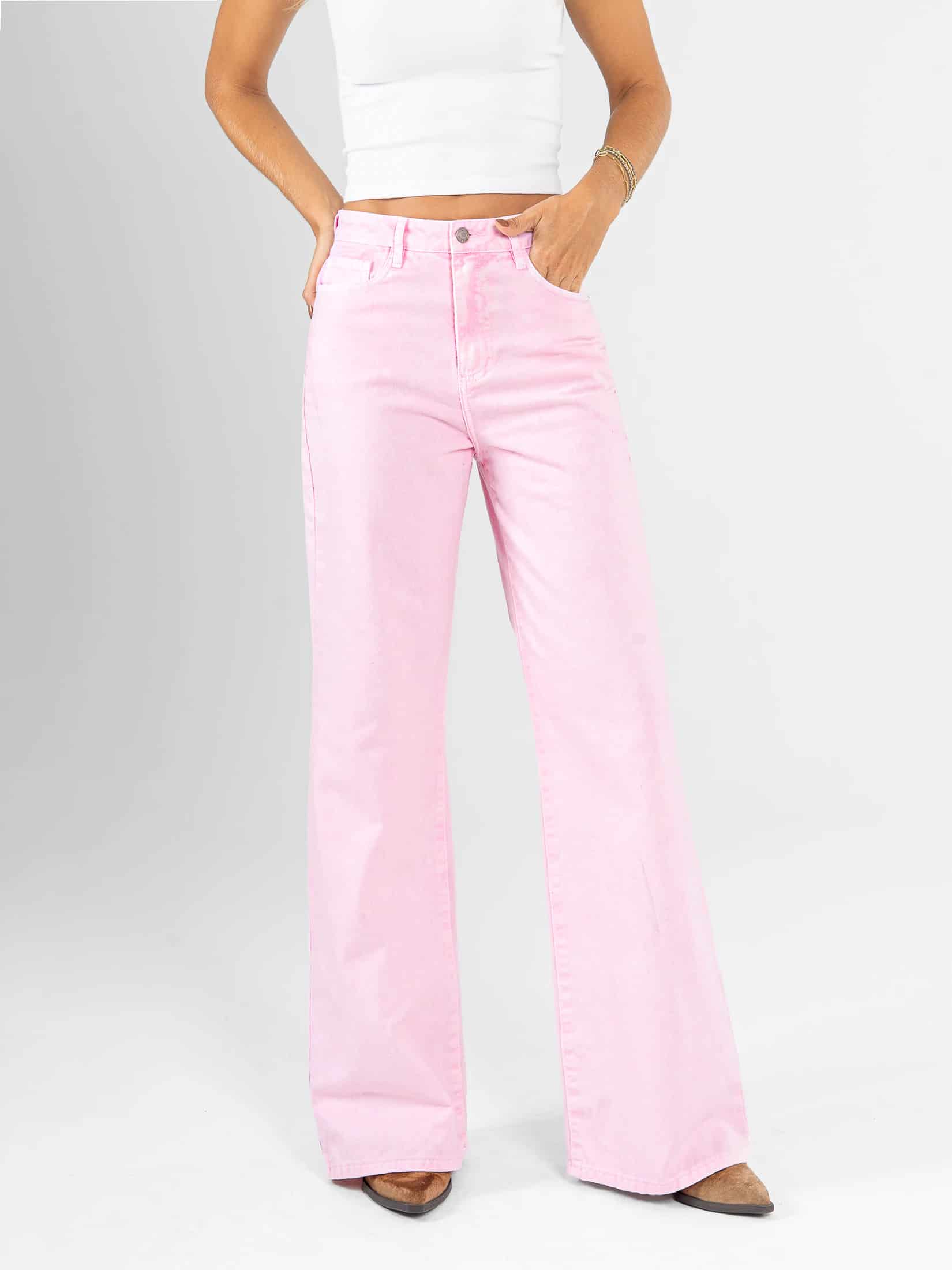 Ref: 0620541 Pantalón mom flare, rígido, tiro alto, tono rosa - miniatura 1