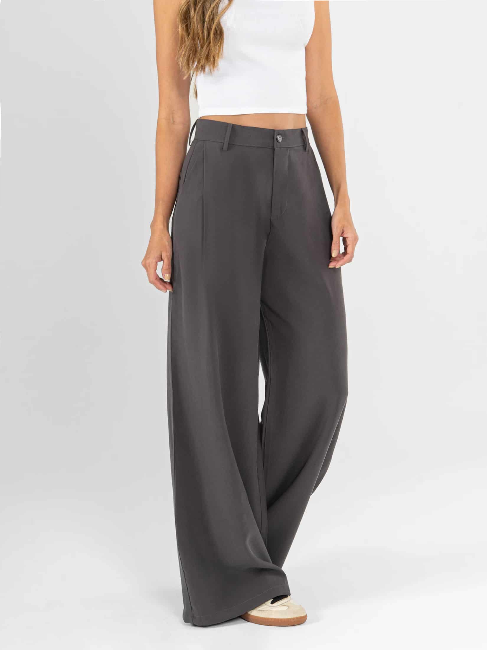 Ref: 0620482 Pantalón palazzo, prenses, tono gris, tejido plano liviano, tiro alto - miniatura 3