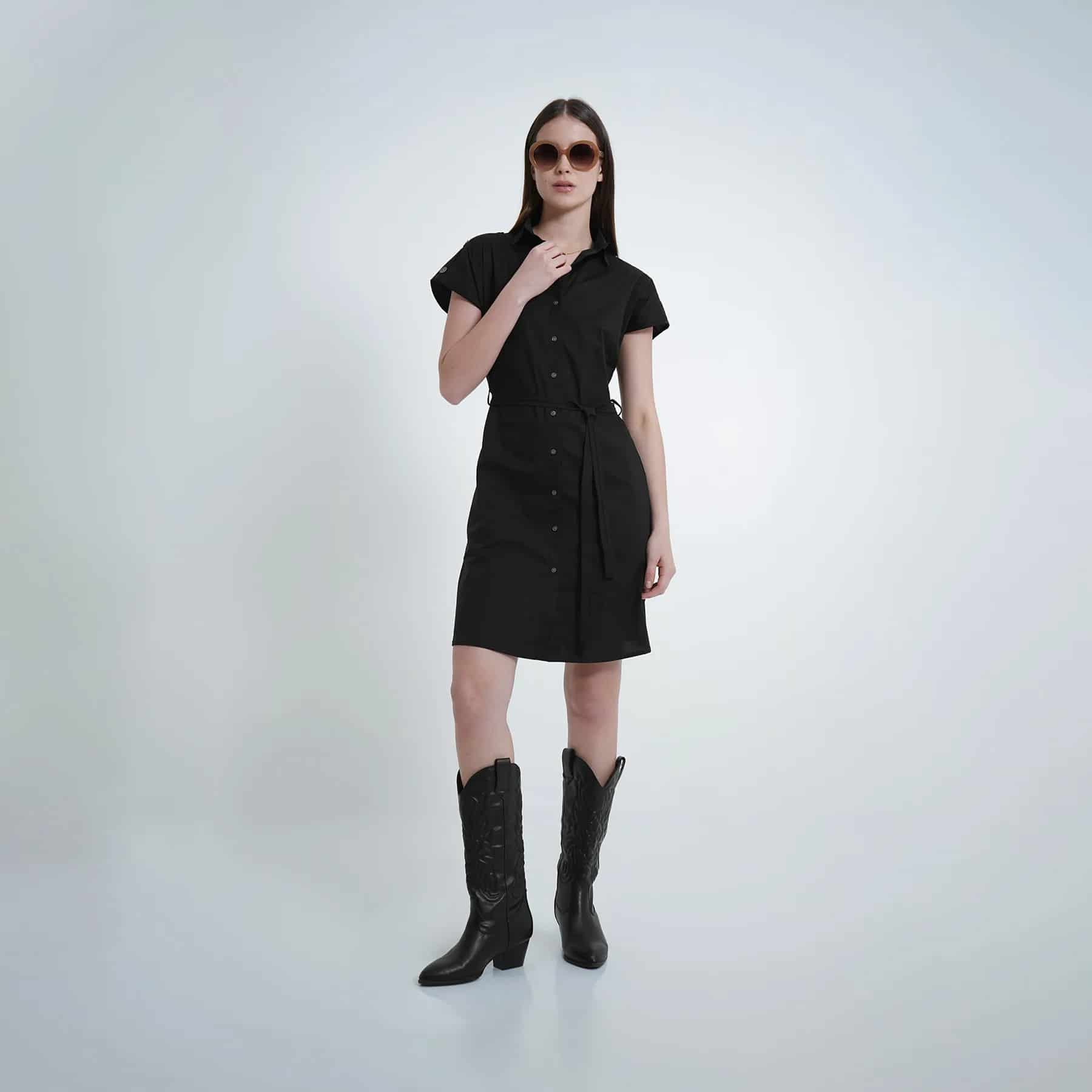 Vestido corto manga corta rodada cuello camisero con lazo - miniatura 6