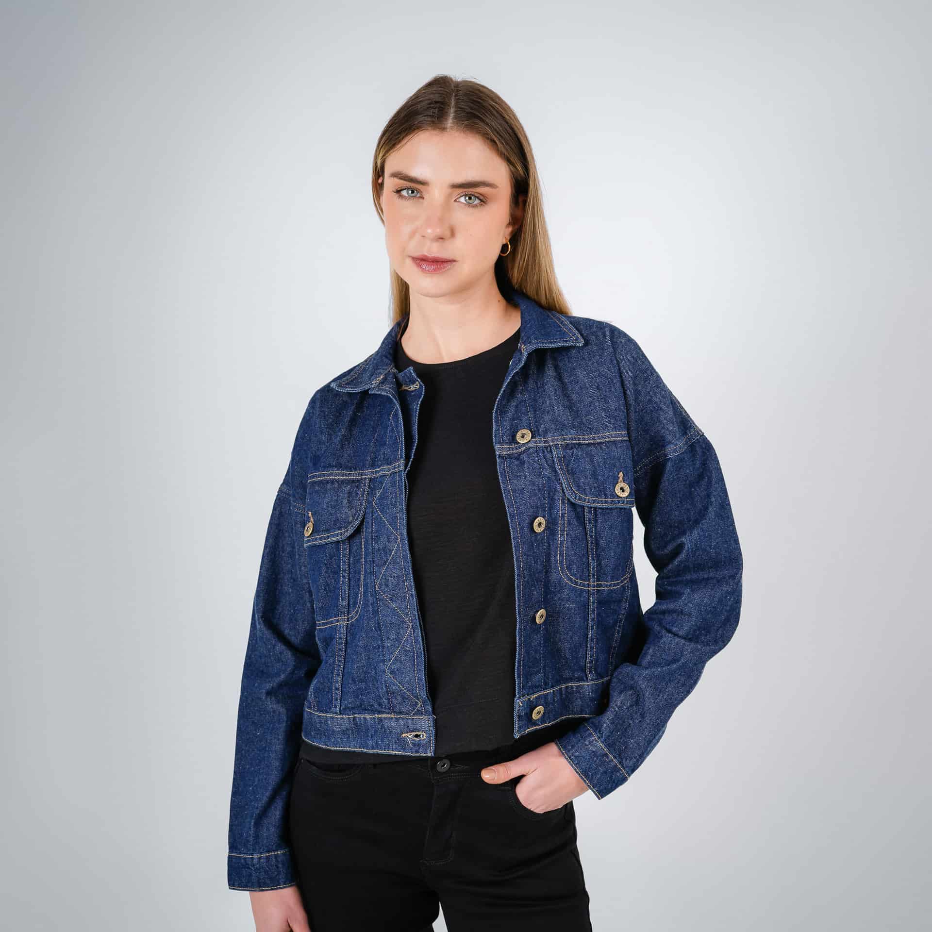 Chaqueta cazadora crop en denim cuello sport - miniatura 1