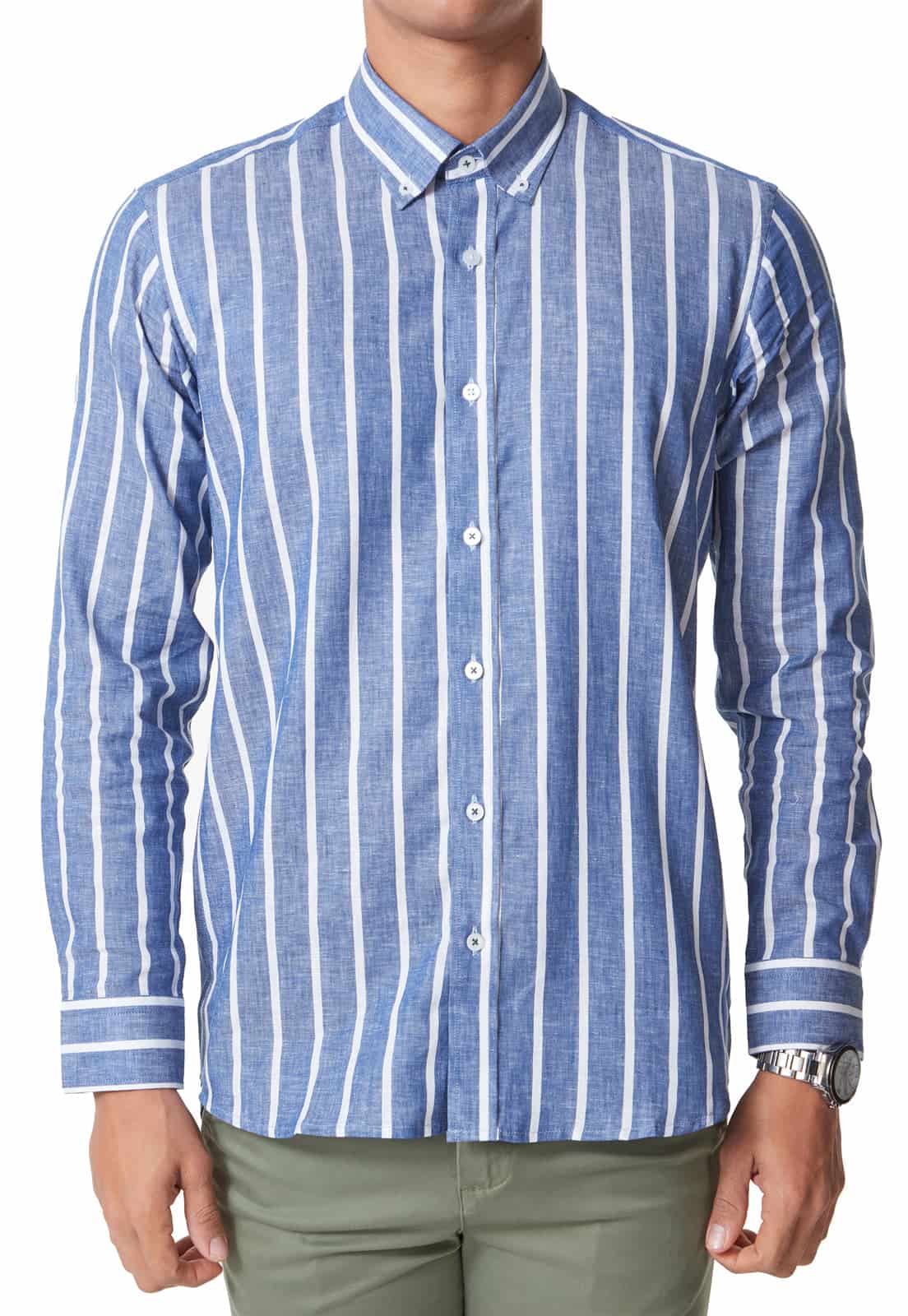Camisa en Lino azul con rayas blancas - miniatura 3