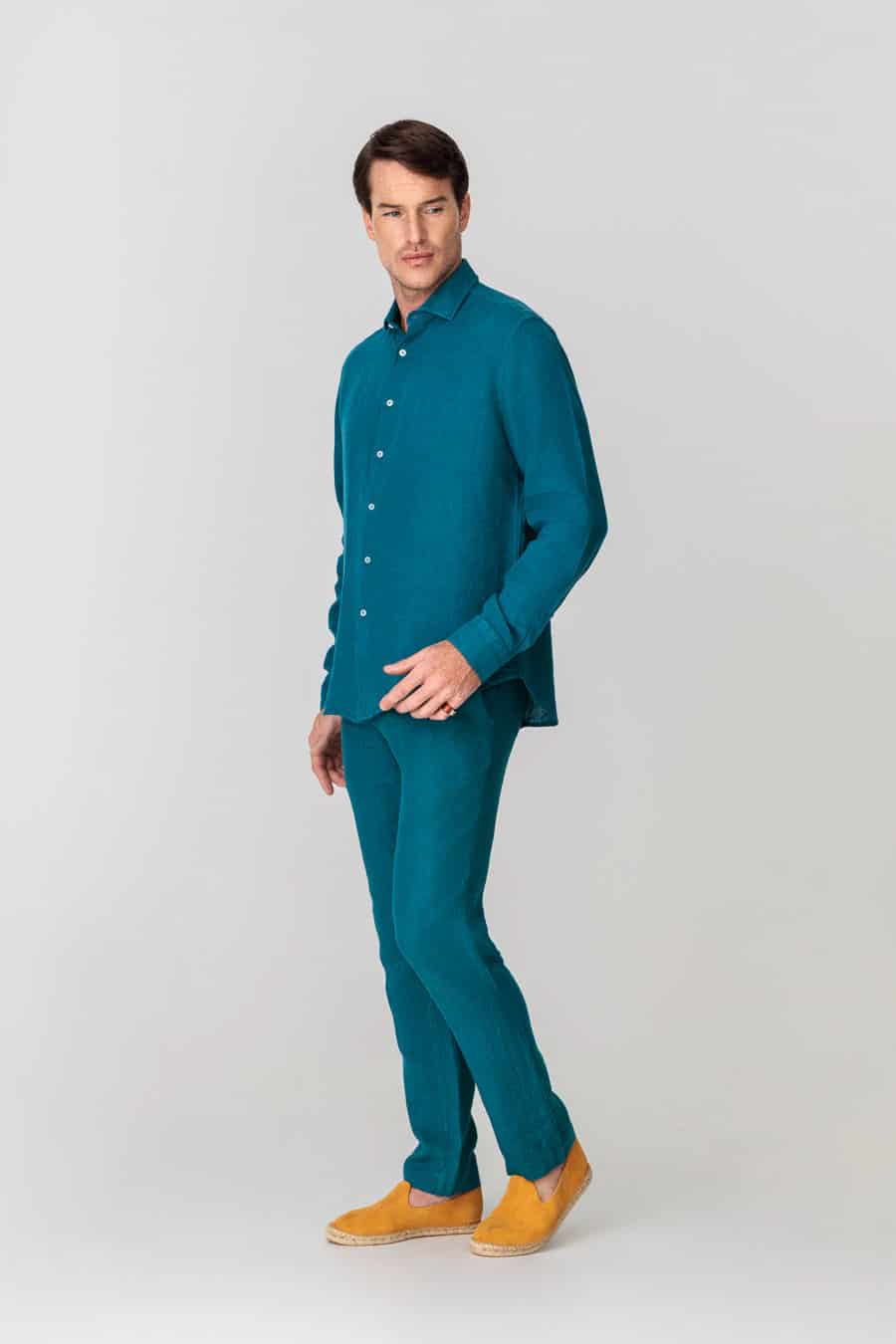 Men's linen shirt petrol blue basic - miniatura 4