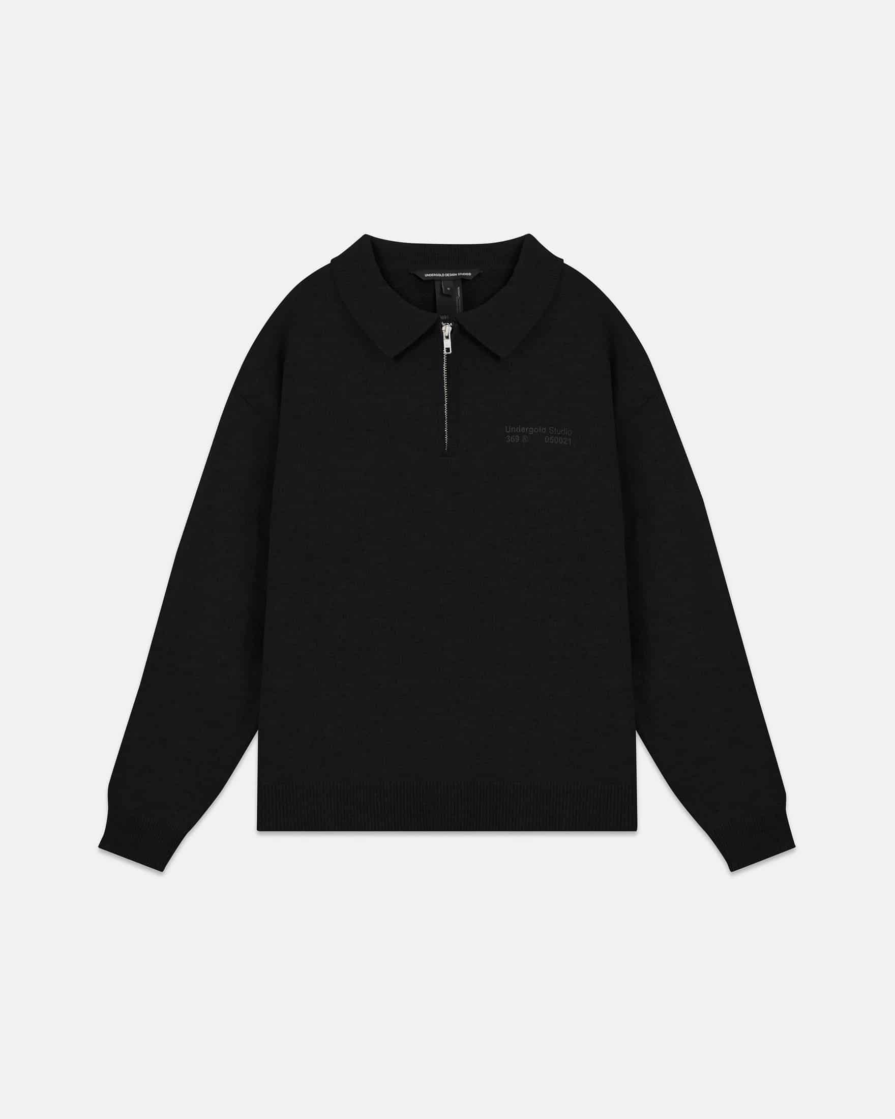 Line Knit Zip Up Long Sleeve Polo Shirt Black - miniatura 1