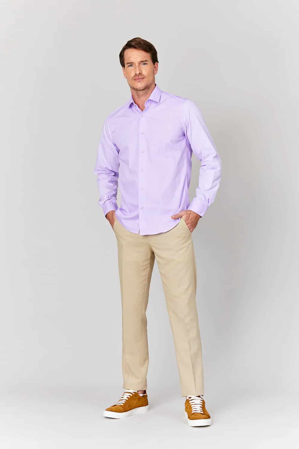 Men's basic lilac cotton muslin shirt - miniatura 4