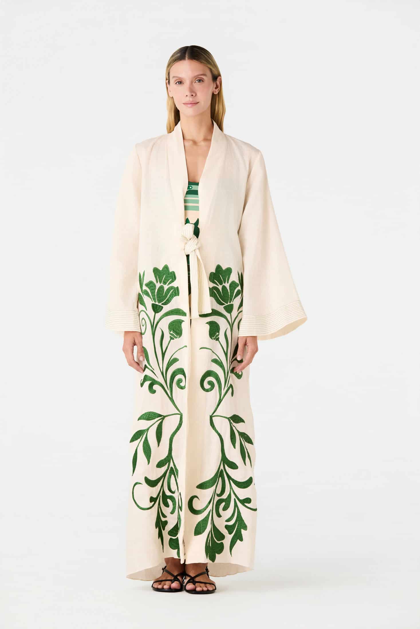 Rafaela Embroidered Kaftan / Ivory Green Buganvilias - miniatura 2