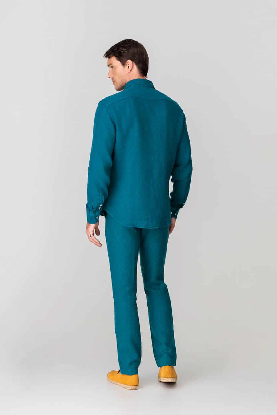 Men's linen shirt petrol blue basic - miniatura 3