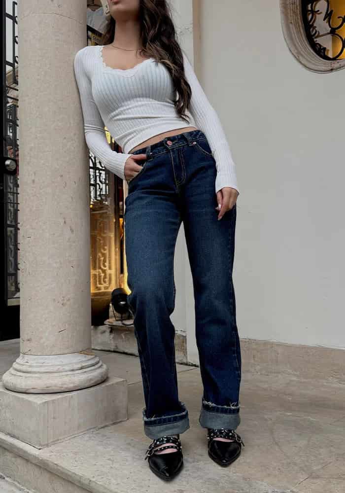 Jeans Straight Leg Azul Oscuro Dirty Tiro Bajo - miniatura 9