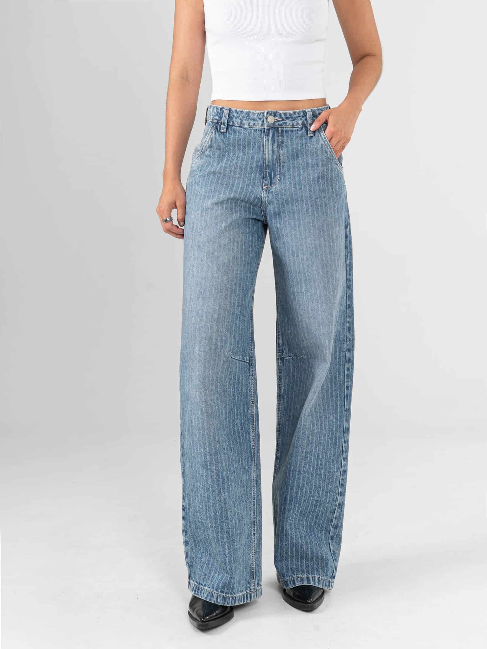 Ref: 066437 Jean wide leg, tiro alto, rígido, rayas, tono azul medio. - miniatura 1