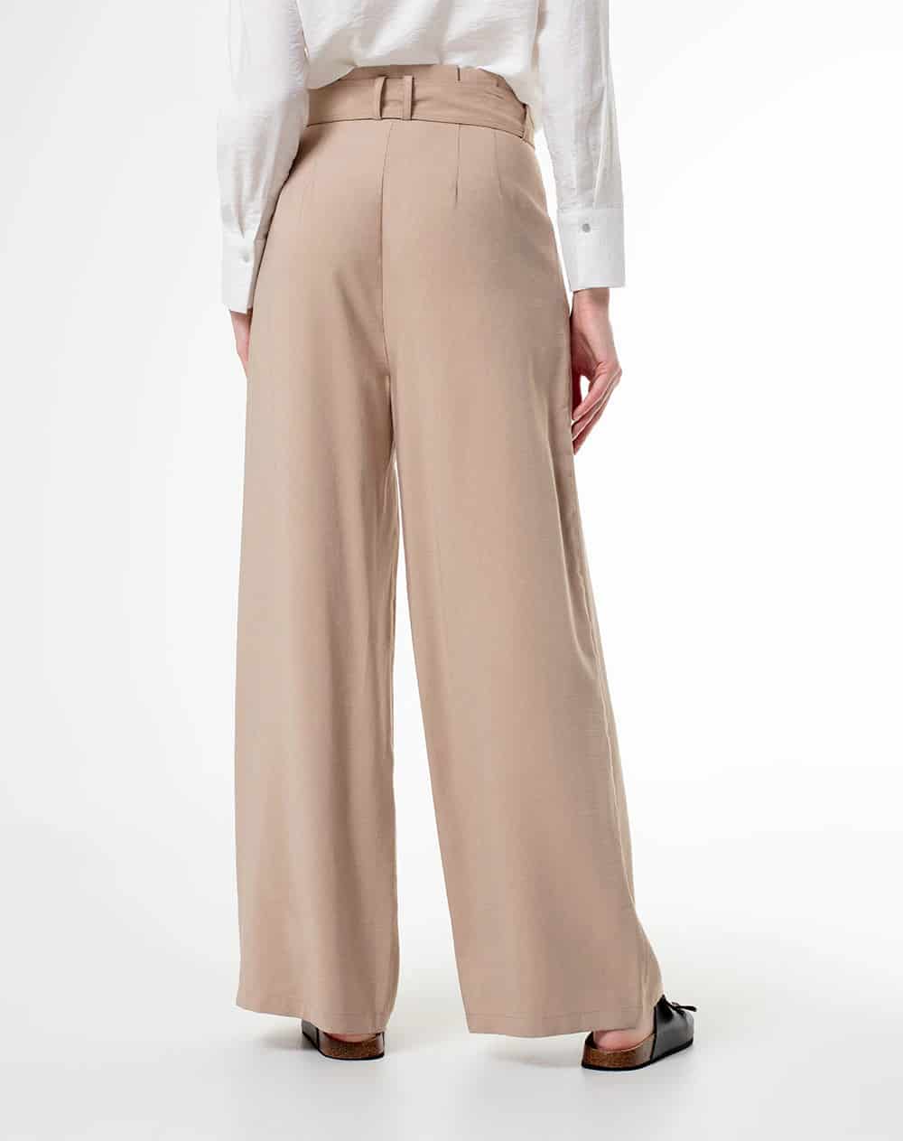 Pantalón palazzo tiro alto pliegues delanteros y cinturón caqui para mujer - miniatura 4