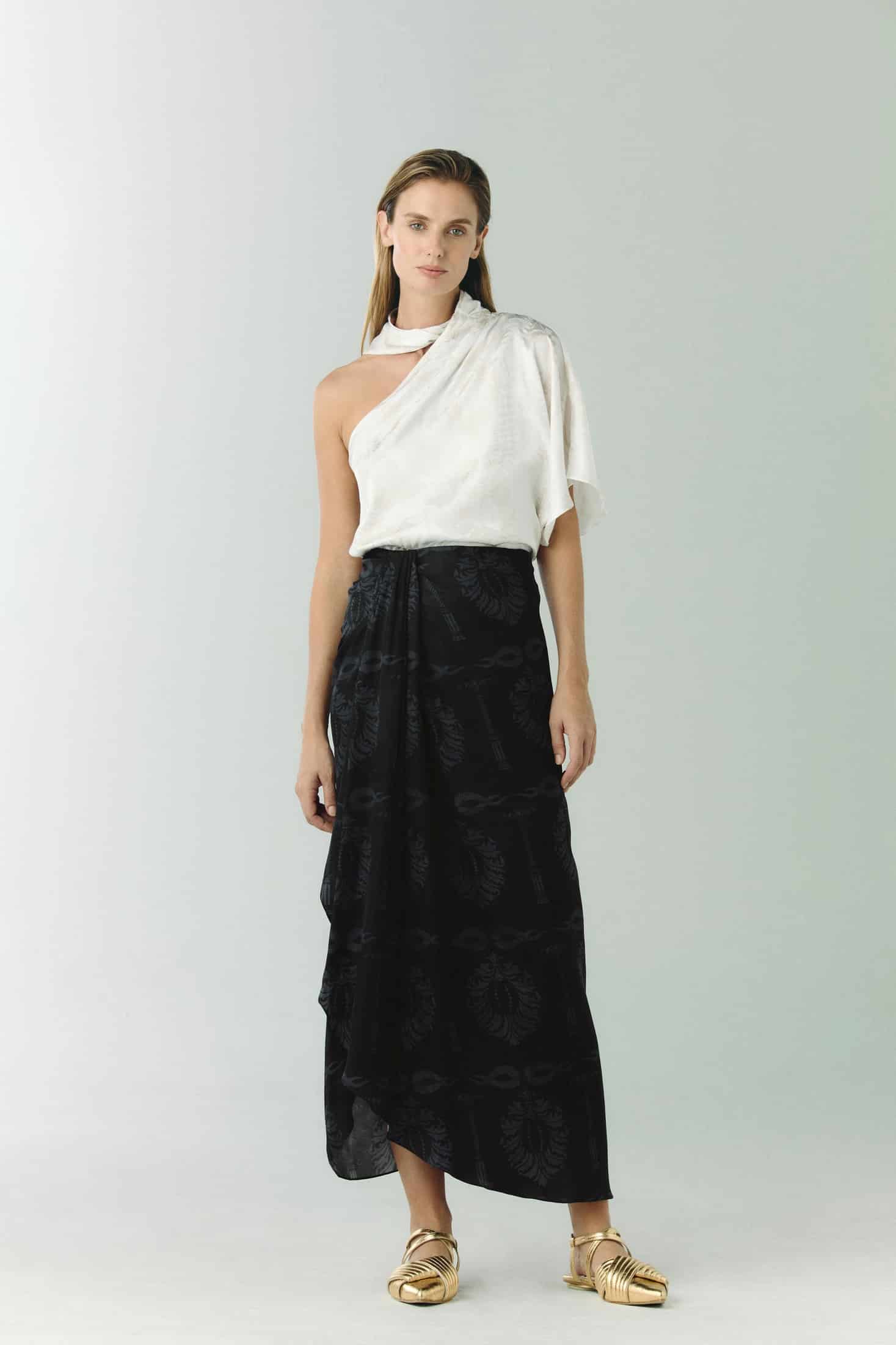 Myanmar Silk Jacquard Midi Skirt / Black - miniatura 1