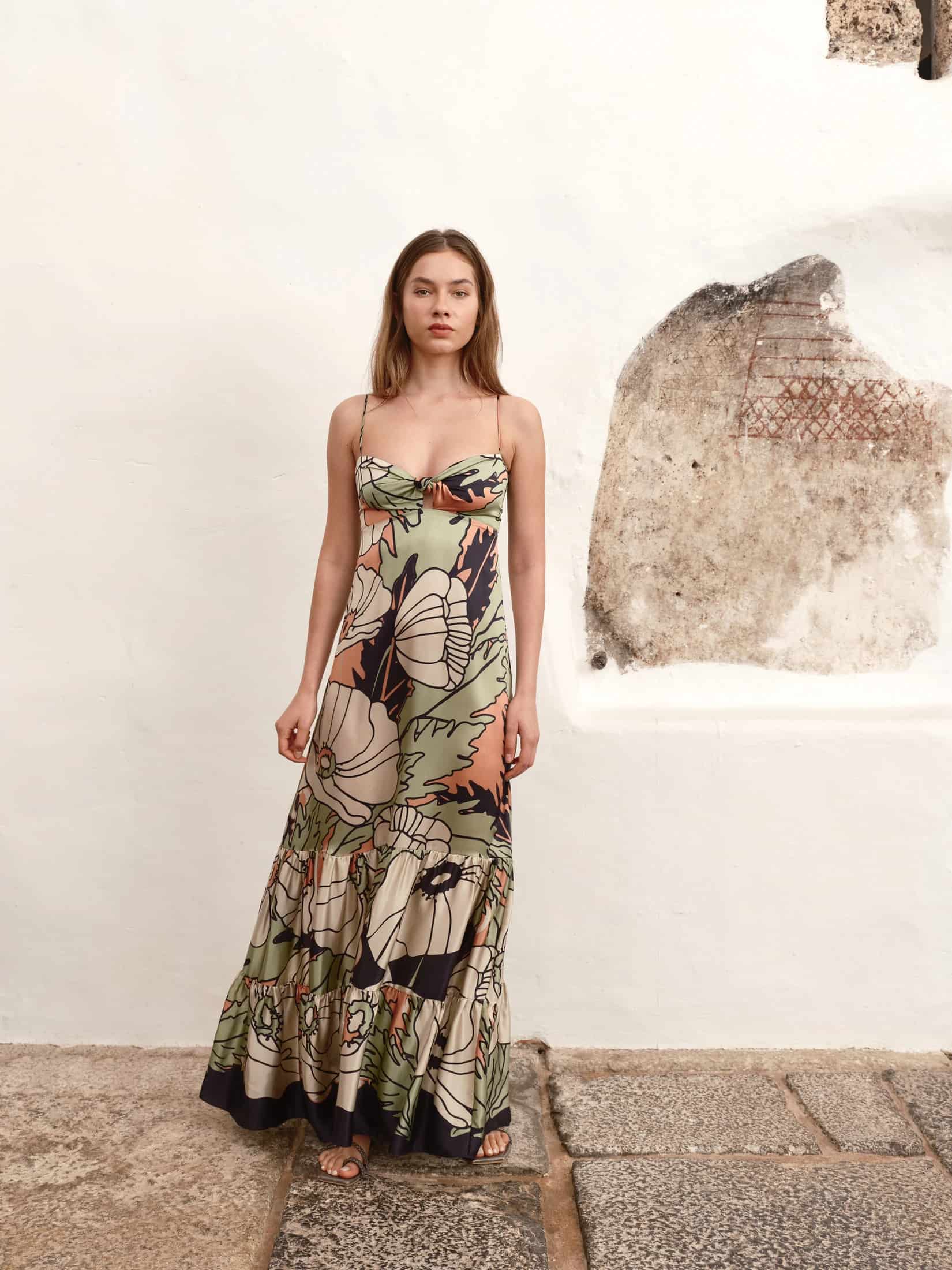 Julieta Satin Silk Maxi Dress / Sage Gladiolos Garden - miniatura 1