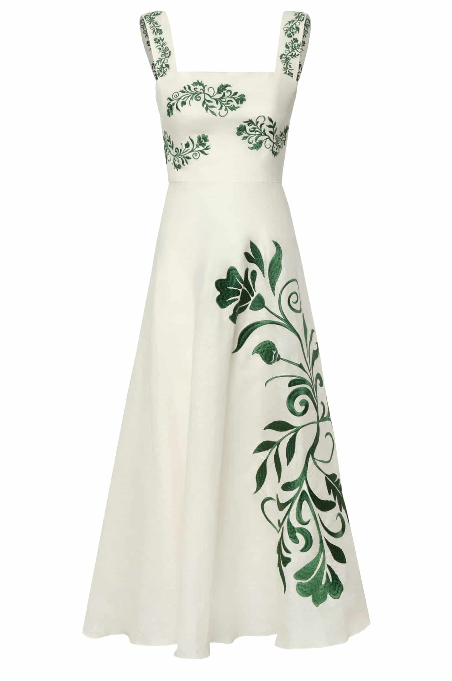Noelia Embroidered Linen Midi Dress / Ivory Green Buganvilias - miniatura 1