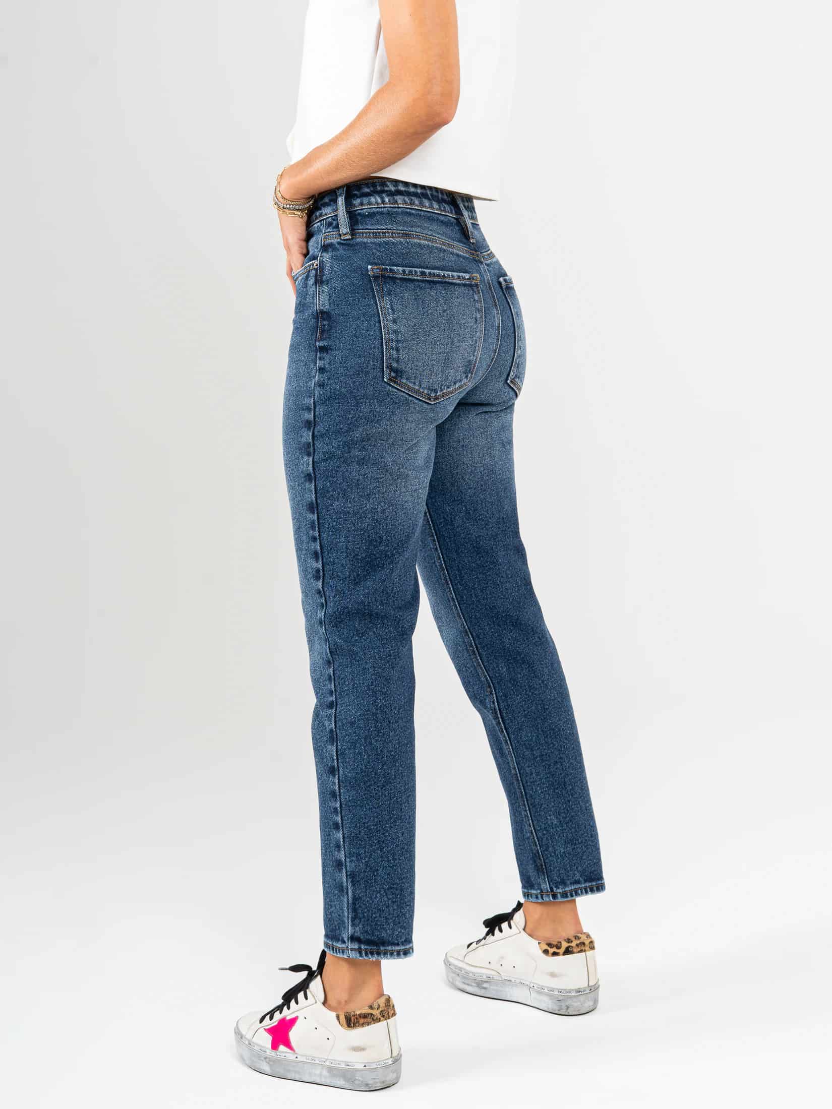 Ref: 065577 Jean Mom fit, slim cropped, stretch, tiro alto, tono azul oscuro - miniatura 2
