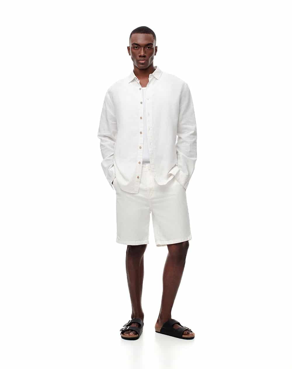 Camisa manga larga regular lino blanca hombre - miniatura 5