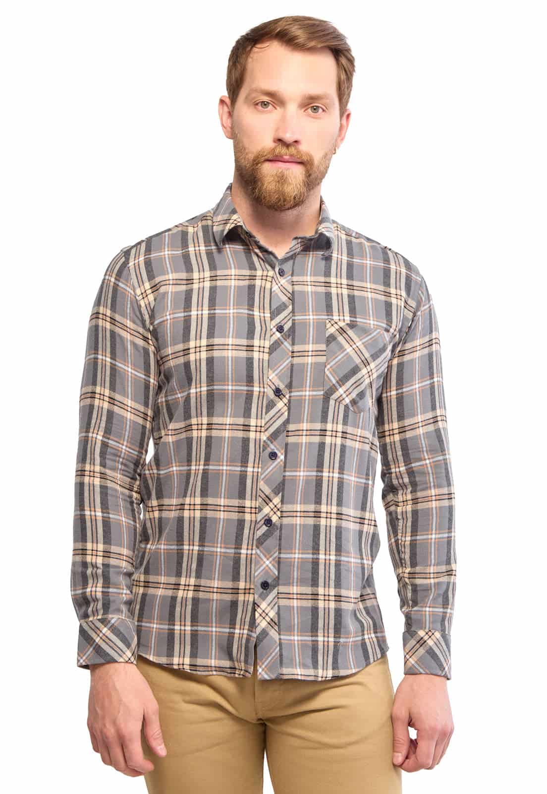 Camisa leñadora gris con cuadros naranja - miniatura 1