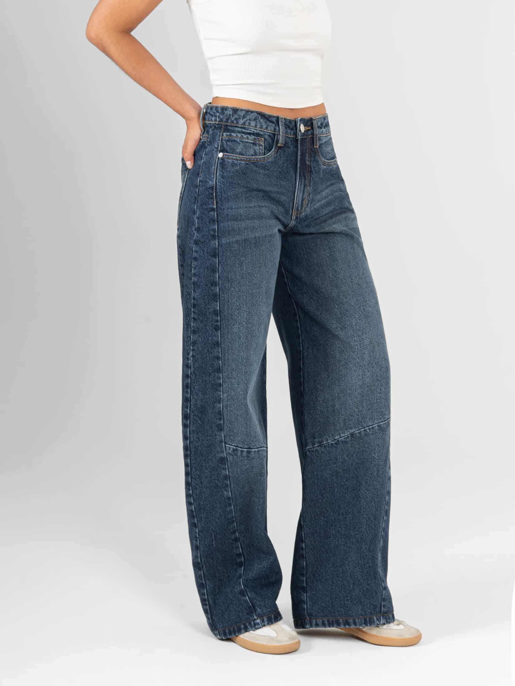 Ref: 066447 Jean wide leg, rígido, tiro alto, con cortes, tono azul oscuro - miniatura 4